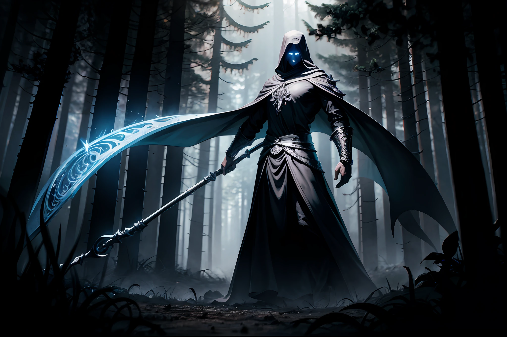 (exquisitely detailed CG unity 8k wallpaper, masterpiece-quality with stunning realism), (best illumination, best shadow), (best quality), A scene where a mage of 8 circles, with a dark and mysterious aura, is fighting against a reaper in a dark forest. The reaper is depicted as a tall, imposing figure with a scythe, while the mage is shown wielding a staff and casting spells. The forest is shrouded in darkness, with twisted trees and eerie sounds in the background.