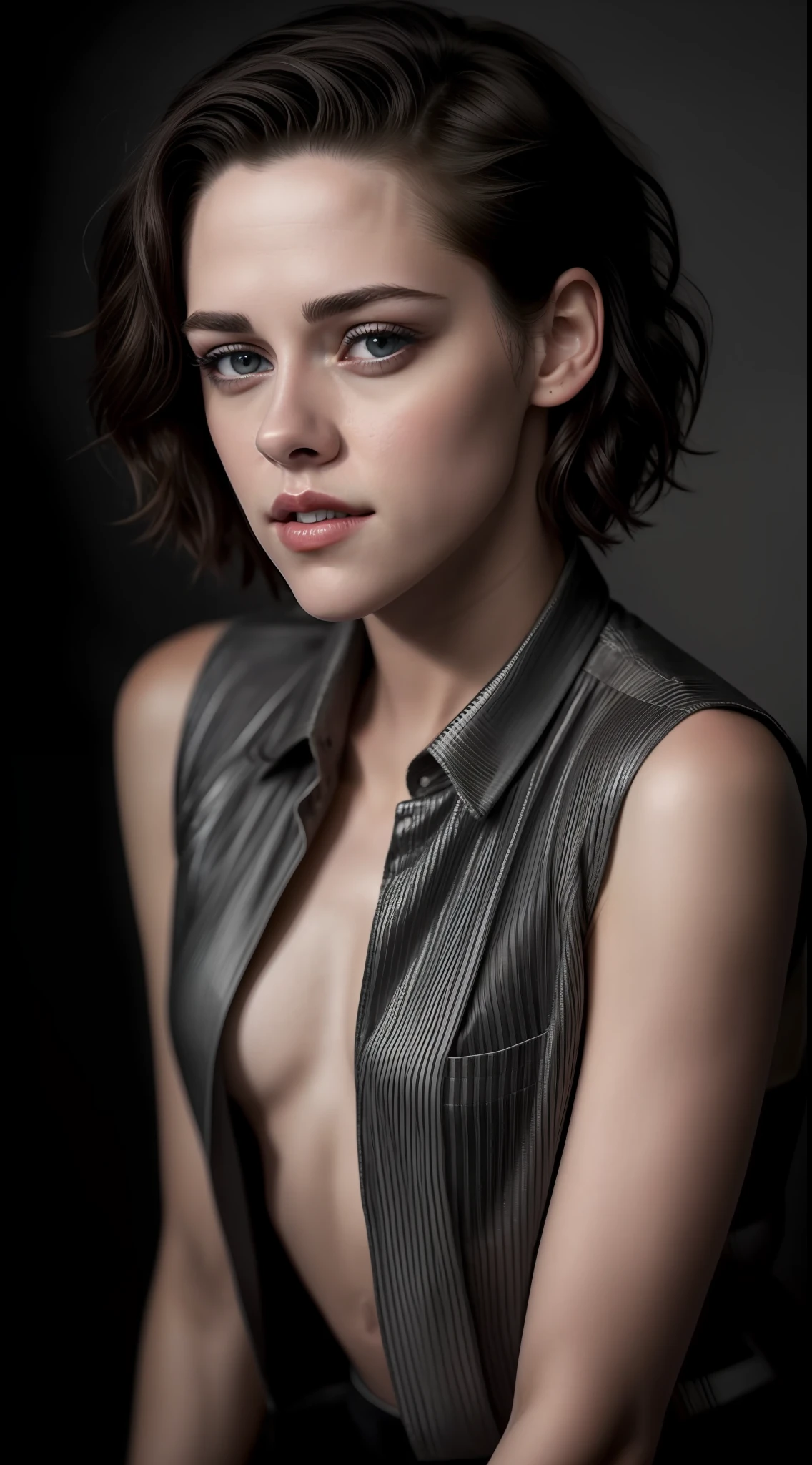 Kristen Stewart, (short curls hair like boy), atmospheric lights, god rays, perfect female face, full red lips, gray eyes, full body, ultradetailed, with black stripes, detailed skin, ultra realistic, bokeh, sharp features, best quality, ultra high res, detailed face, realistic face, full body, raw photo, shallow depth of field, hdr, 8k, cinematic, ultradetaled eyes, ultra realism, hyper realism soft light,