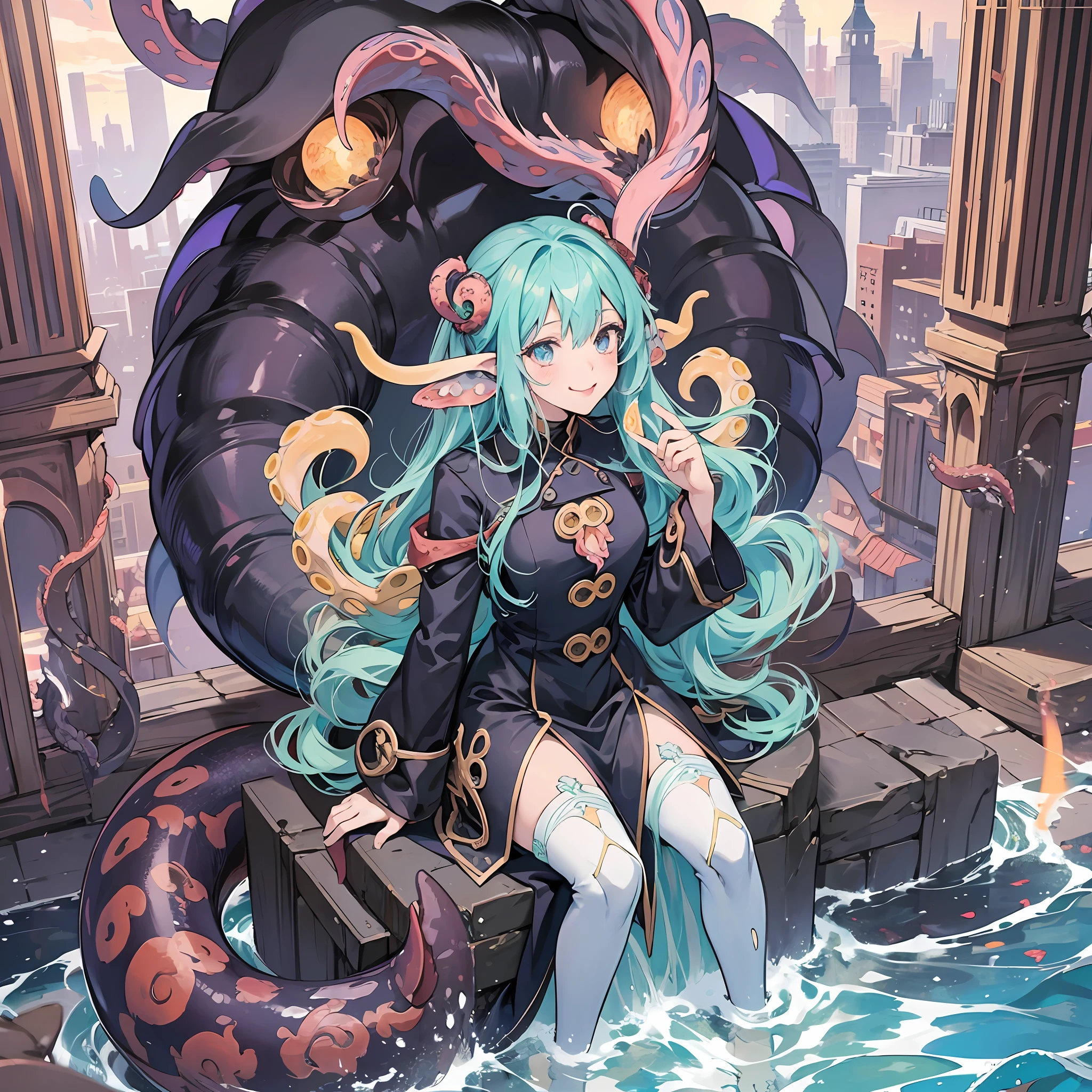 An anime girl sitting on a ledge with a bunch of demonic creatures, tentacles around and fine details. Anime. tentacles, anime monster girl, tentacle covered, demon anime girl, tentacle-shaped tongue, kawashi, seductive anime girl