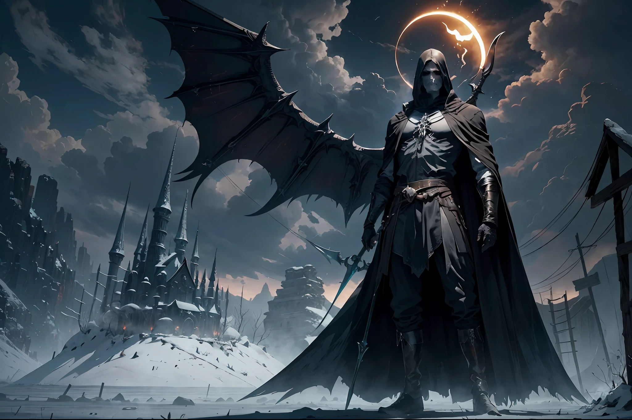 (extremely detailed CG unity 8k wallpaper),(best illumination, best shadow, ultra-detailed),(horror, dark fantasy)A grim reaper stands tall amidst a desolate wasteland, his ragged cloak billowing in the wind. The skeletal hand holding his scythe is raised menacingly, a symbol of his great power and deadly intent. Shadows swirl around him, casting an eerie glow over the barren landscape.