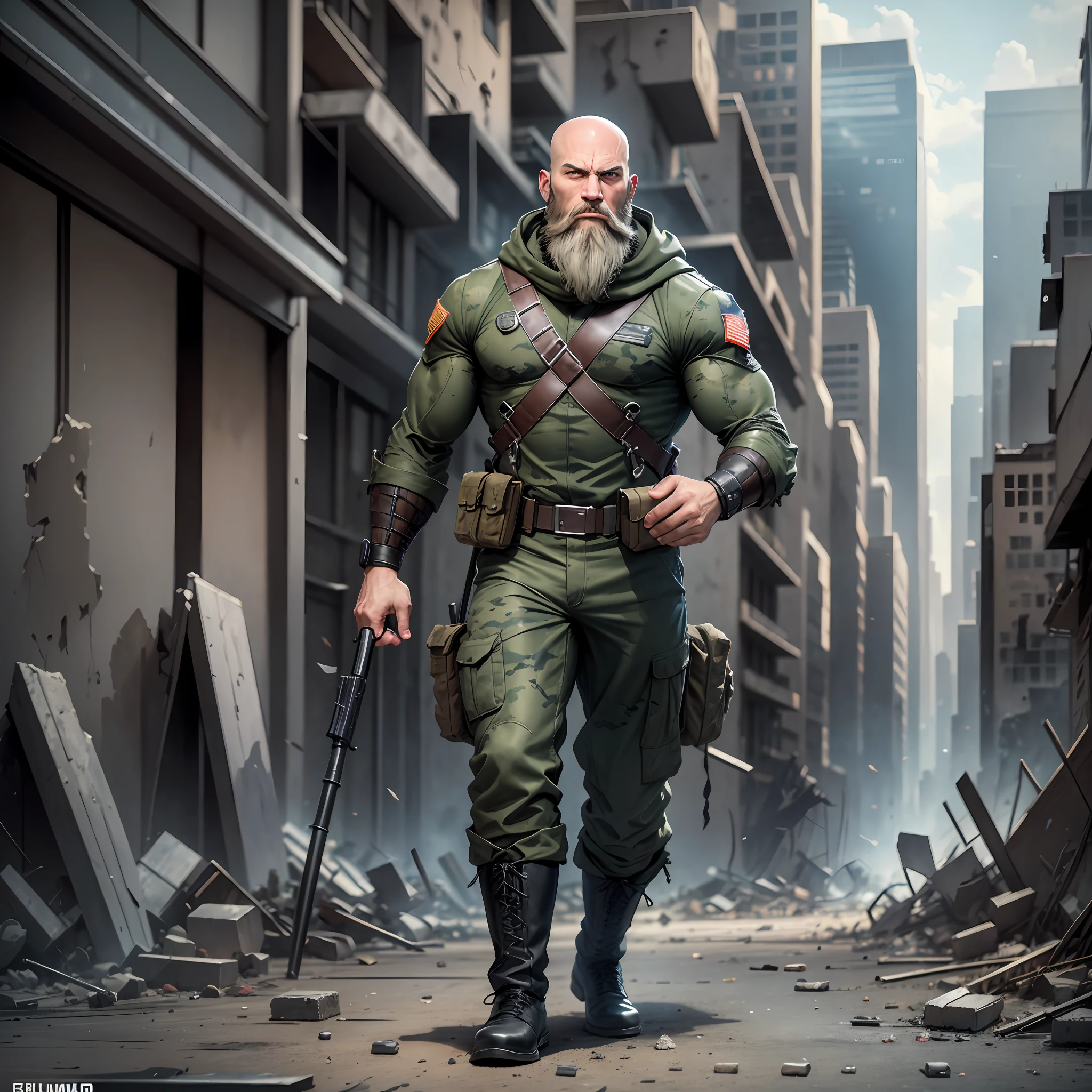 Surroundings is 25 years bald with long beard, strong, athletic full body with camouflage uniform 
, black boots comic book hero in the background a destroyed city --auto --s2