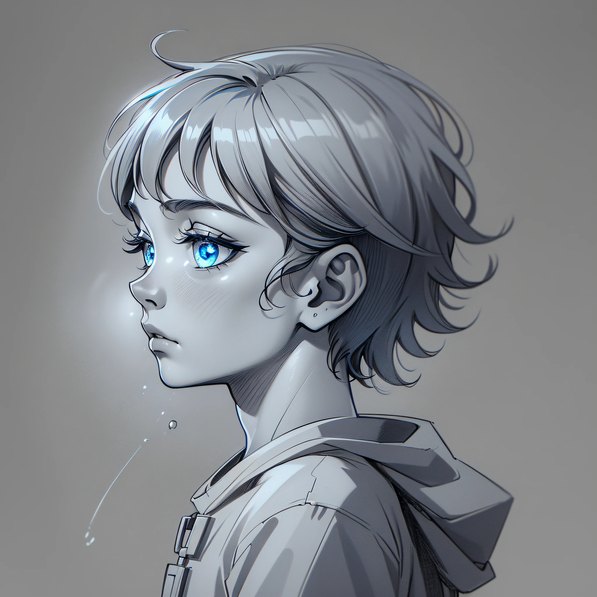 Best quality, ultra-detailed pencil sketch, greyscale, profile standing sideways pose, tired expression, cute/adorable, beautiful male child omnipotent entity, glowing blue eyes, short hair.