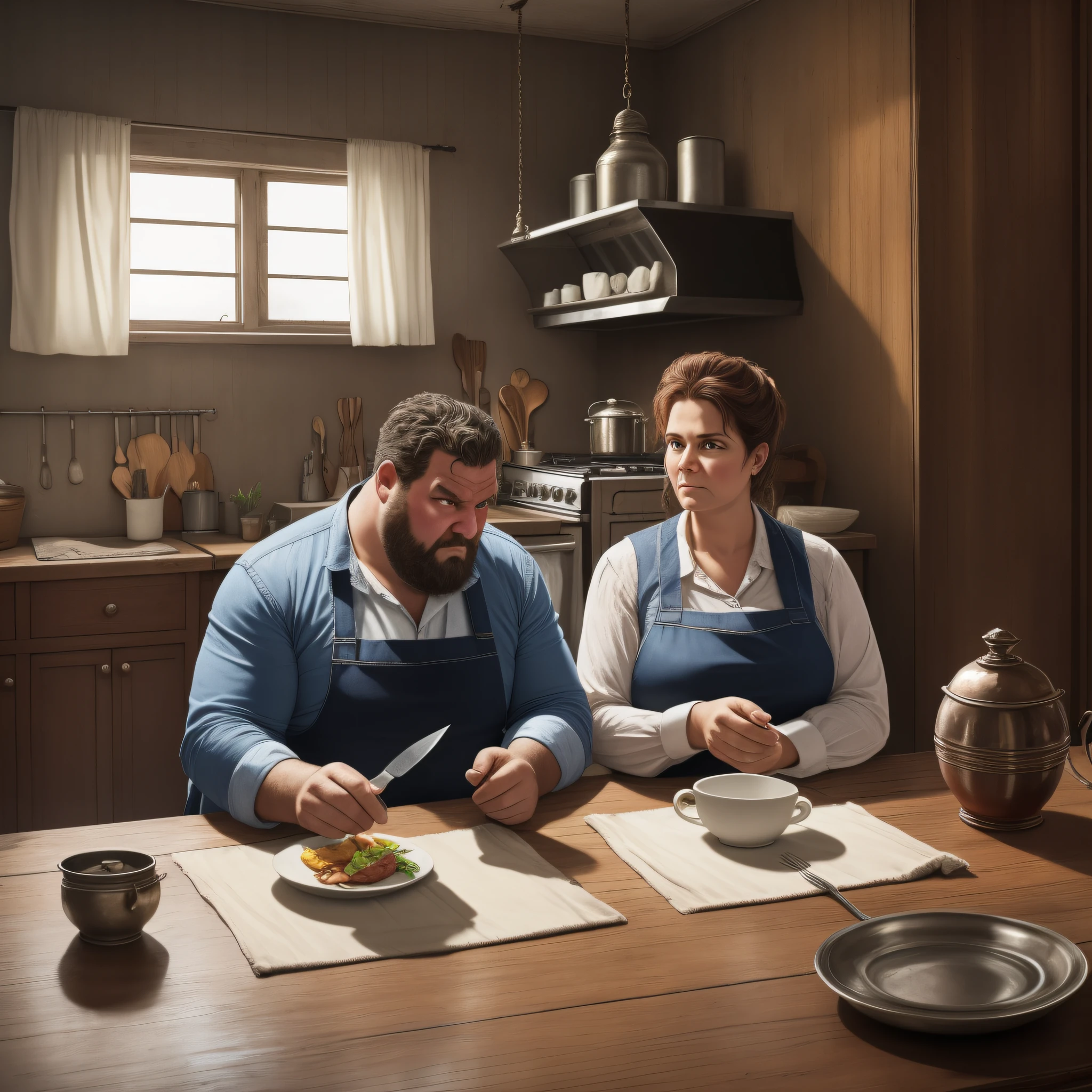 Realistic image, high definition. 16k. A tall, fat man and woman sitting at the table. The kitchen is old and large and with old furniture. There's dirt everywhere. Dark and gloomy place. The table has a lot of grease. He holds a knife and his expression is one of hatred.