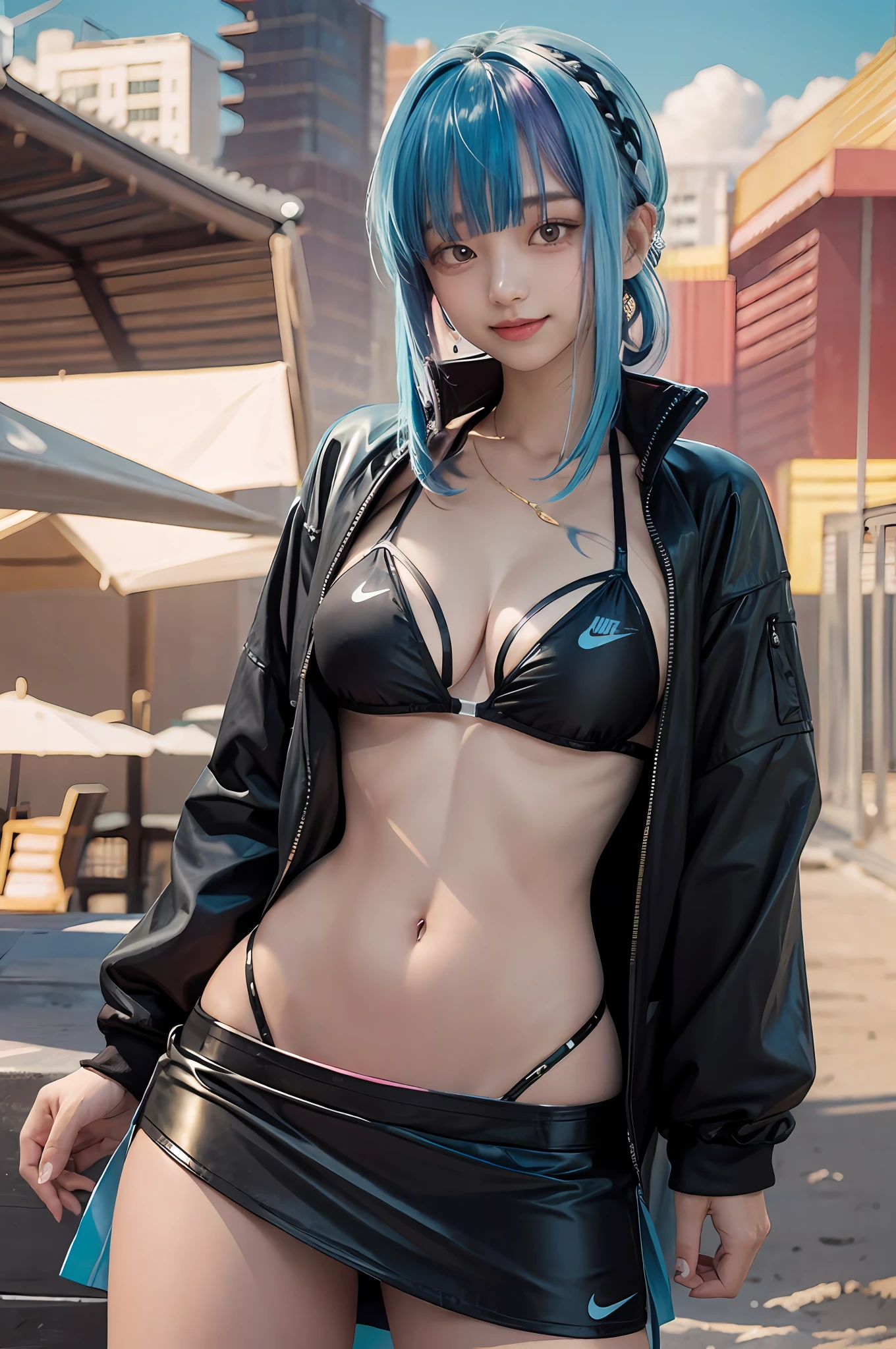 NIKE, piercing woman, piercing, smile, colorful hair, black bikini, shorts, blunt bangs, (black skirt), 1girl,solo, flashy hair, photorealistic, high resolution, 1 girl, golden and pink and light blue hair, colorful hair color, korean, beach, wharf, cowboy shot,
