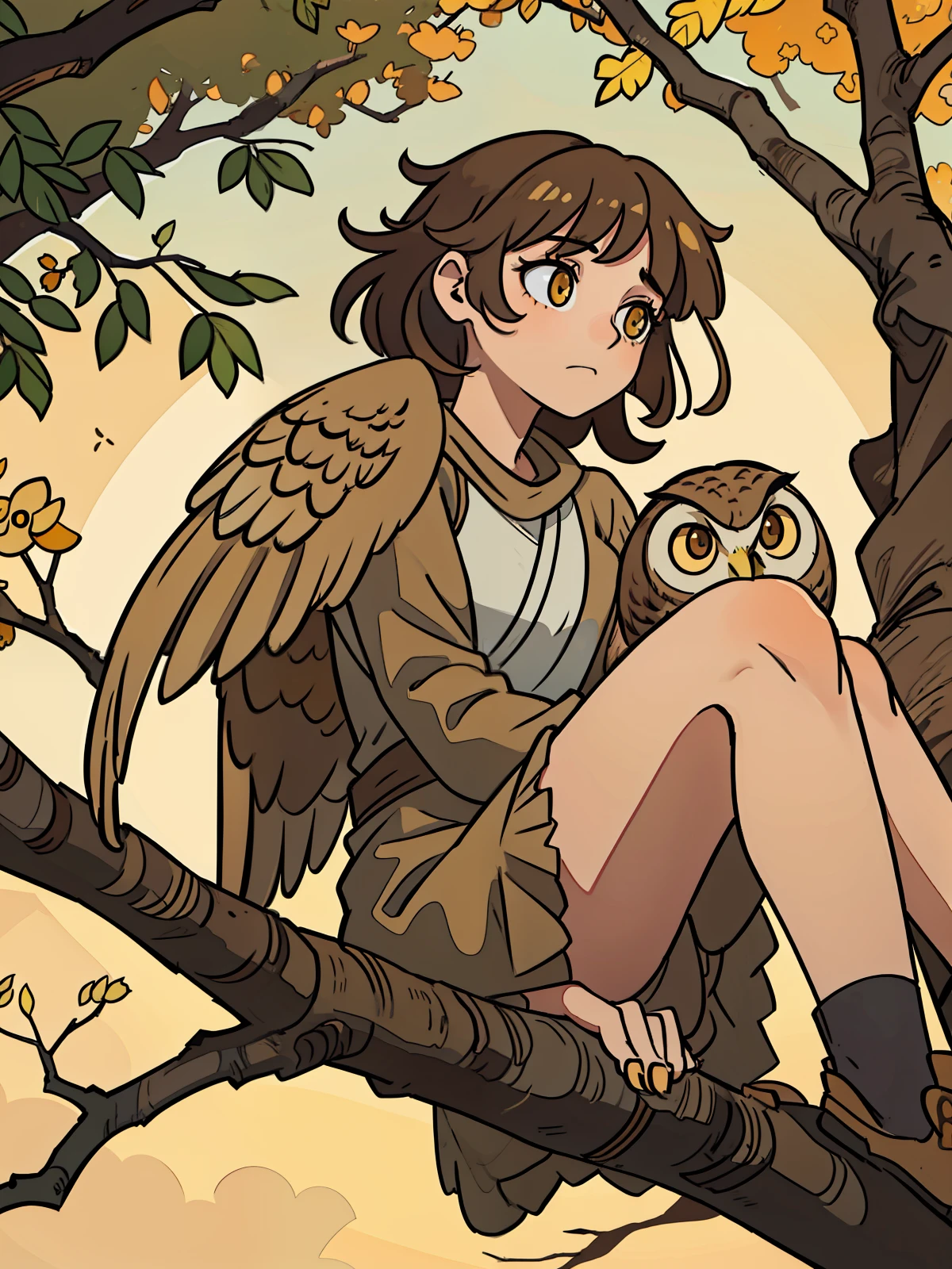 Female owl, medium hair, with a medium brown dress, with golden colored eyes, and owl wings, sitting on a tree branch, with a tired look, (masterpiece) (award-winning work) (perfect anatomy) (perfect hands) (oscar) (noon)