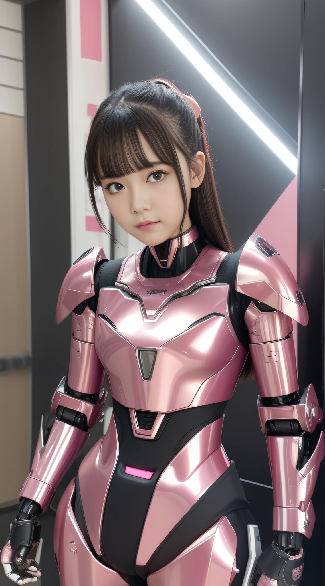 Mecha Girl, Pink, Metallic, Robot Parts, Detailed Face, Top Quality, Small Face, Full Body, Standing, Black Hair, Half Twin, Thin, Camera Gaze, Mecha Exposure, Idol, Live Action,, 7 Heads, Gravure, Photo Session, Charging