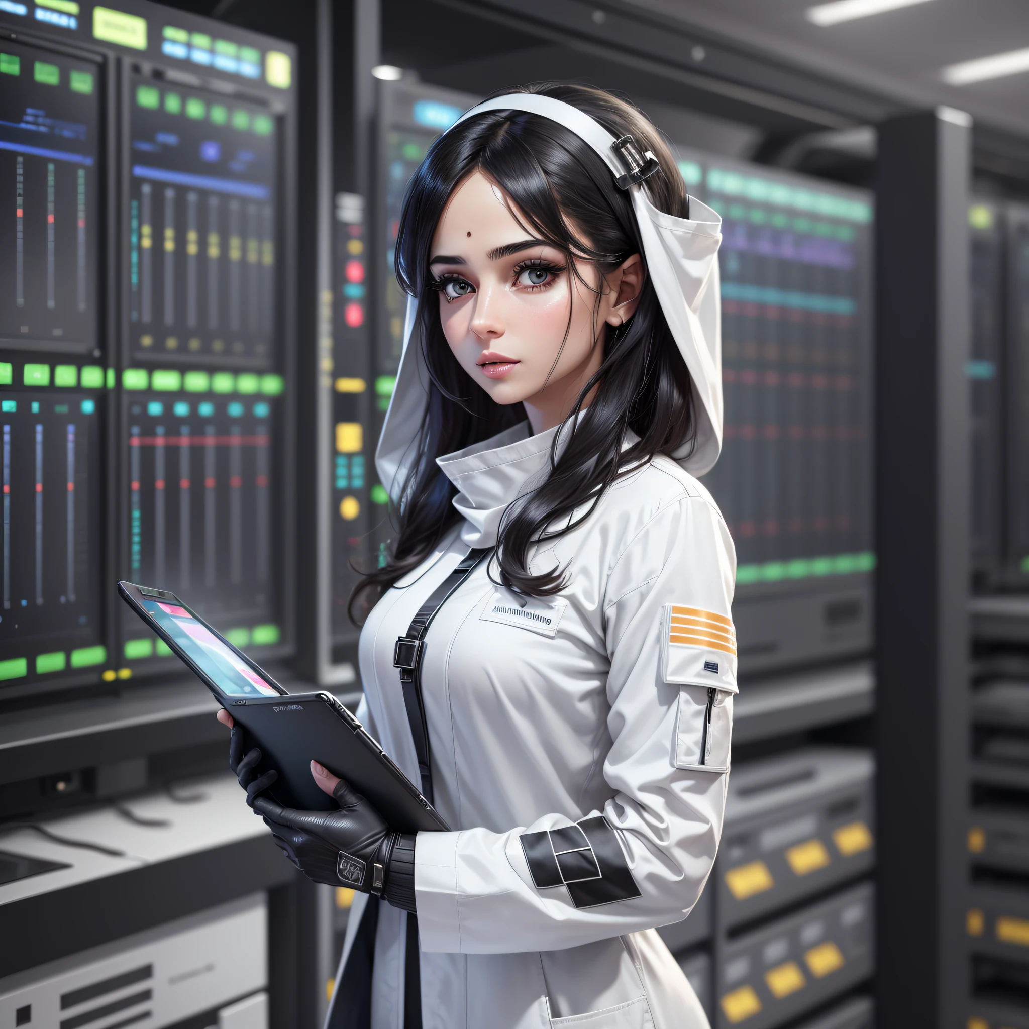 create an iraqi woman standing in a room,holding tablet in her hands,highly realistic woman,very detailed,ultra-detailed,ultra-realistic,scientist outfit,white clothes,ultra-realistic fabric textures,detailed and ultra-realistic hands,realistic face,black haired, standing in a server room, realistic data center, rhythm in server room, in futuristic lab room,  in detailed data center,high detail,modern,drop shadow,cinematic lighting,high details,high quality,best quality,detailed skin,detailed eyes,complex makeup,realistic texture --auto --s2