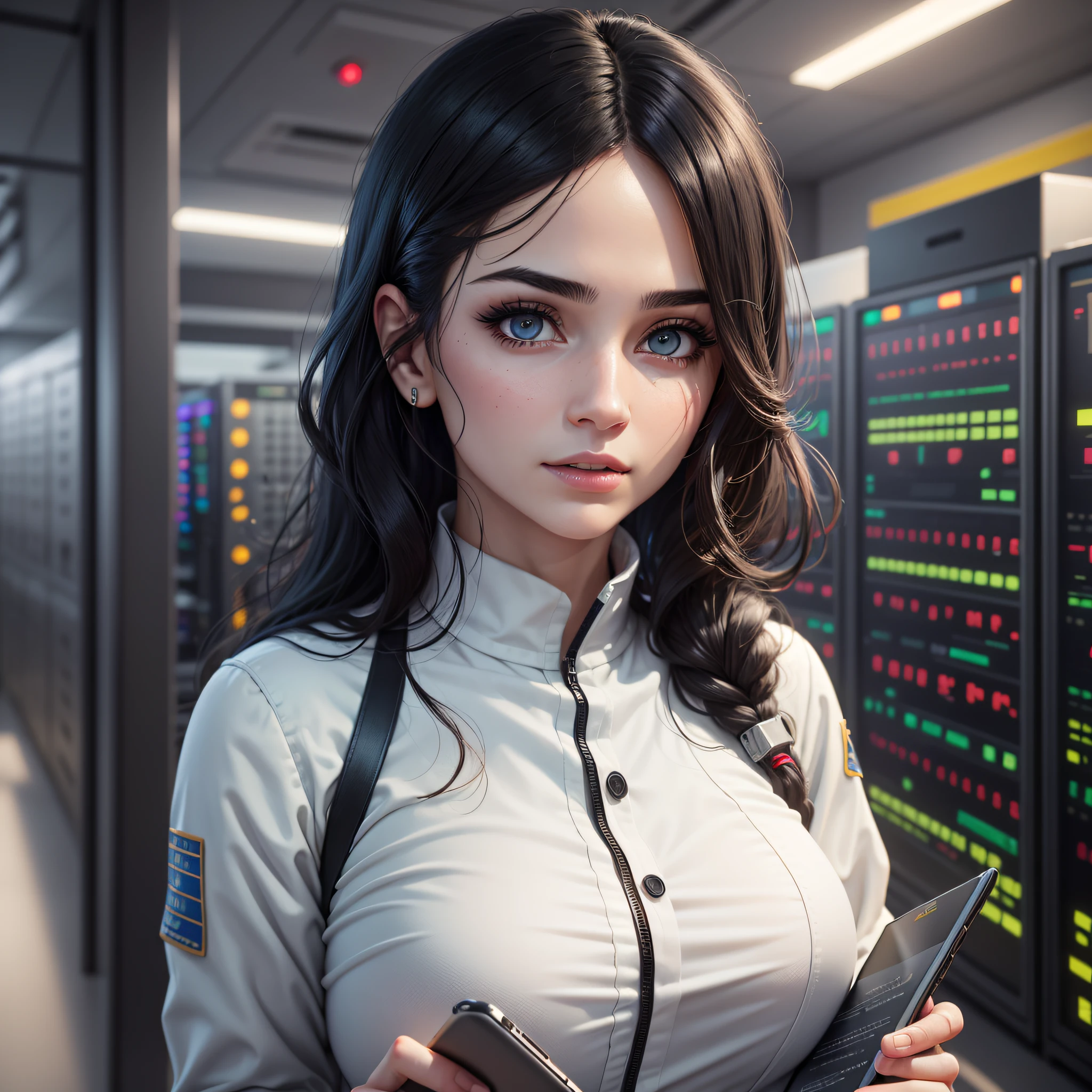 create an iraqi woman standing in a room,holding tablet in her hands,highly realistic woman,very detailed,ultra-detailed,ultra-realistic,scientist outfit,white clothes,ultra-realistic fabric textures,detailed and ultra-realistic hands,realistic face,black haired, standing in a server room, realistic data center, rhythm in server room, in futuristic lab room, in detailed data center,high detail,modern,drop shadow,cinematic lighting,high details,high quality,best quality,detailed skin,detailed eyes,complex makeup,realistic texture --auto --s2