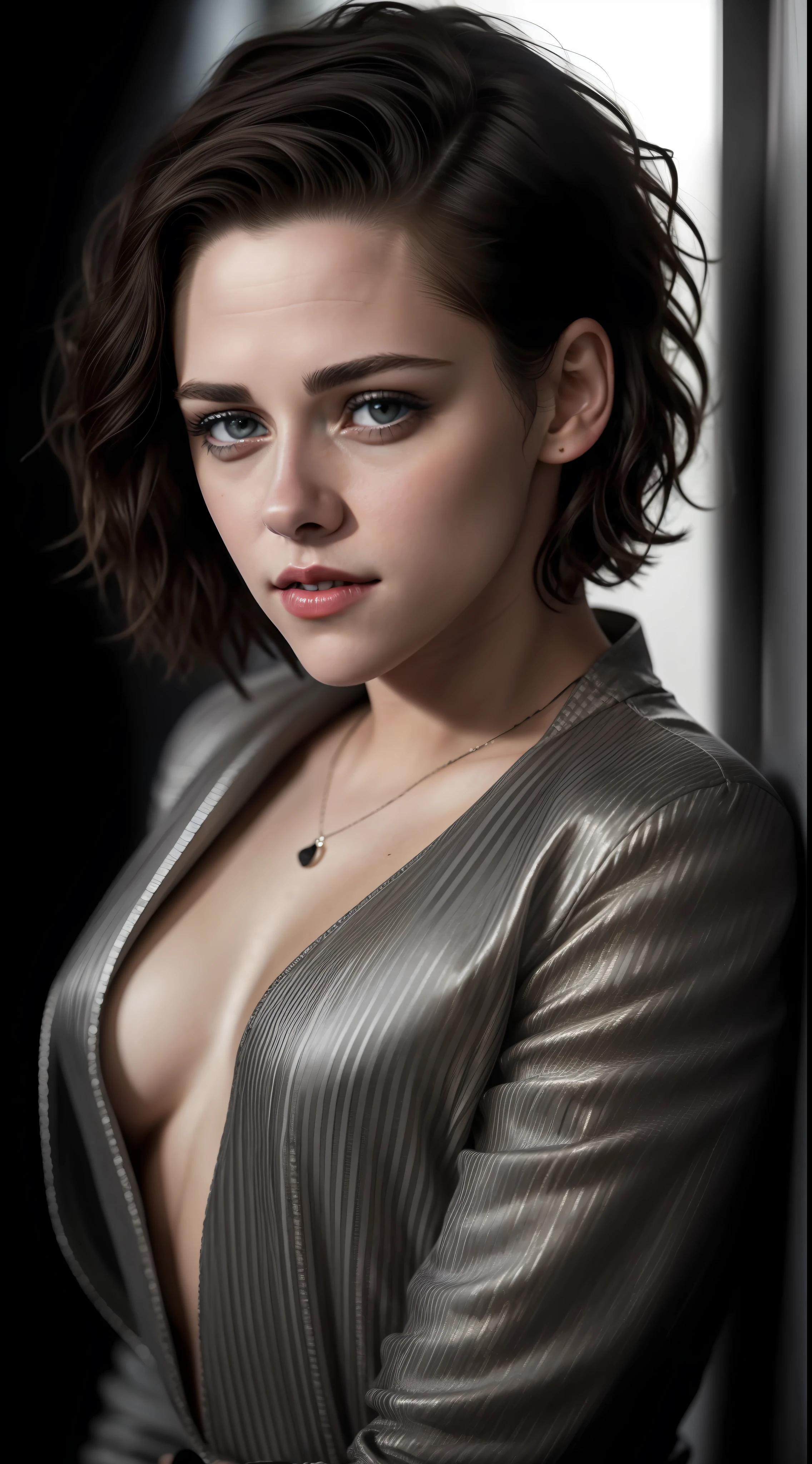 Kristen Stewart, (short curls hair like boy), atmospheric lights, god rays, perfect female face, full red lips, gray eyes, full body, ultradetailed, with black stripes, detailed skin, ultra realistic, bokeh, sharp features, best quality, ultra high res, detailed face, realistic face, full body, raw photo, shallow depth of field, hdr, 8k, cinematic, ultradetaled eyes, ultra realism, hyper realism soft light,