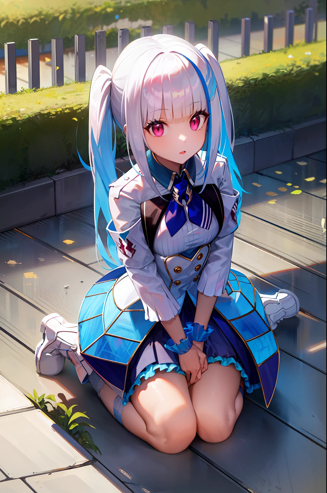 1 girl, double v, chest, outdoor, alley, happy, kneeling, from above, looking at the viewer, after, long hair, pink eyes