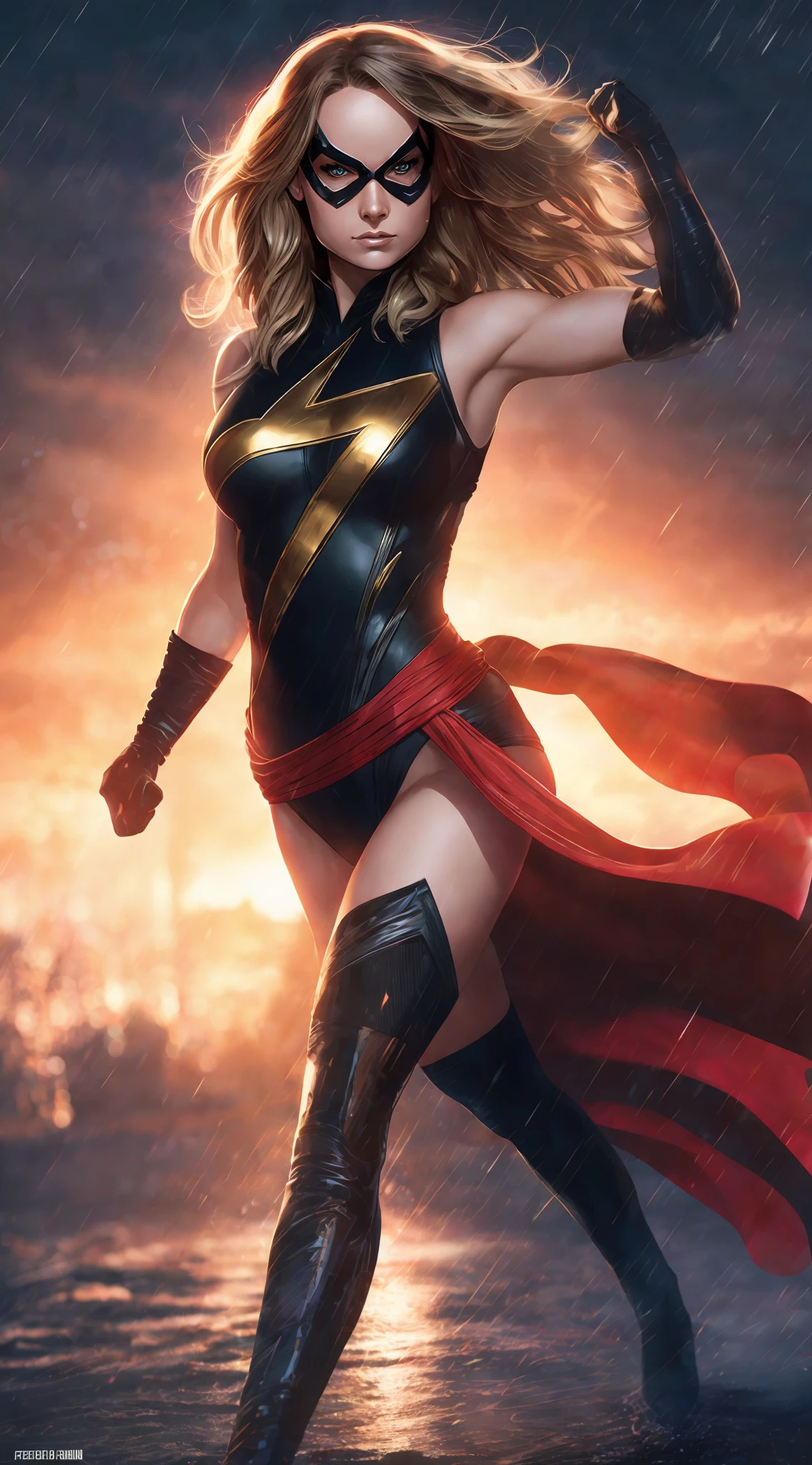 a woman in a black and red costume and cape is running, artgerm and atey ghailan, artgerm moody photography, in the style artgerm, extremely detailed artgerm, wojtek fus, artgerm jsc, artgerm julie bell beeple, artgerm detailed, artgerm comic, artgerm 4 k