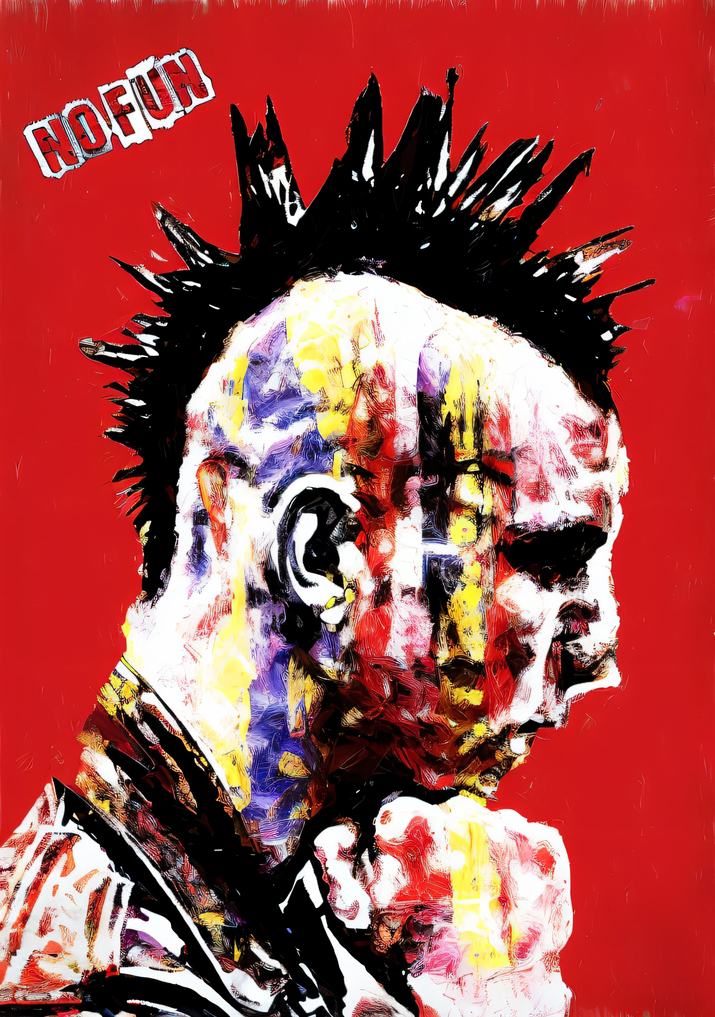 painting of a man with spiked hair and a mohawk on his head, punk portrait made out of paint, punk art, punk rock with mohawks, with a mohawk, travis bickle has a mohawk, portrait of a male punk, spike painting, punk rock poster, punk-rocker, punk xerox, people with mohawks, trash polka