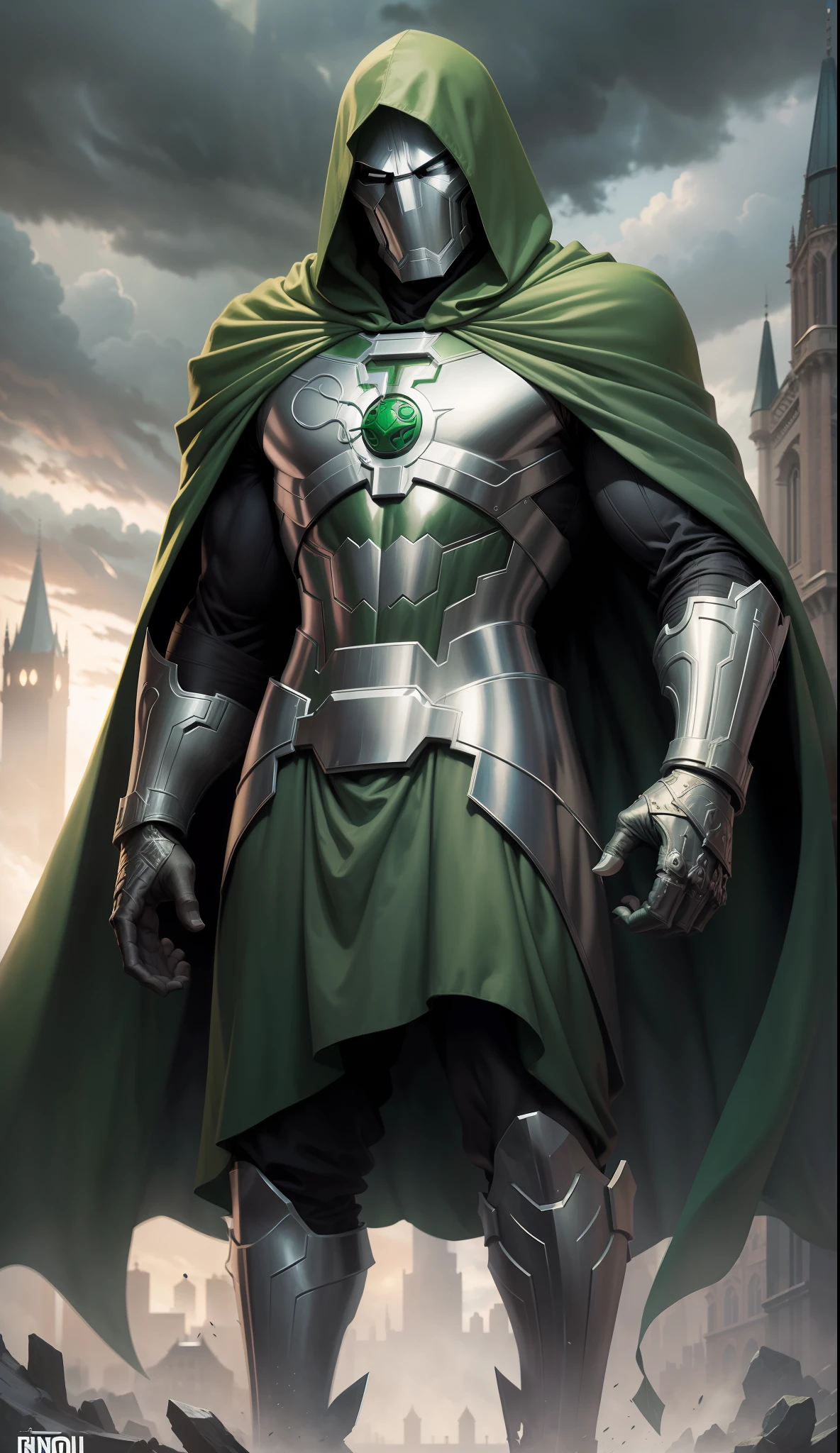 Extremely detailed and ultra-realistic depiction of Marvel's Doctor Doom, in his iconic armor with long green cape and hood along with his mask, standing firmly under a dark and ominous sky, with a magnificent palace in the far background, intricately designed with impeccable attention to detail. Very similar to the marvel comics, full body shot