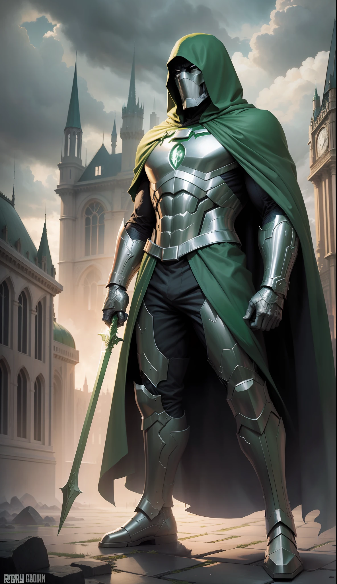 Extremely detailed and ultra-realistic depiction of Marvel's Doctor Doom, in his iconic armor with long green cape and hood along with his mask, standing firmly under a dark and ominous sky, with a magnificent palace in the far background, intricately designed with impeccable attention to detail. Very similar to the marvel comics, full body shot