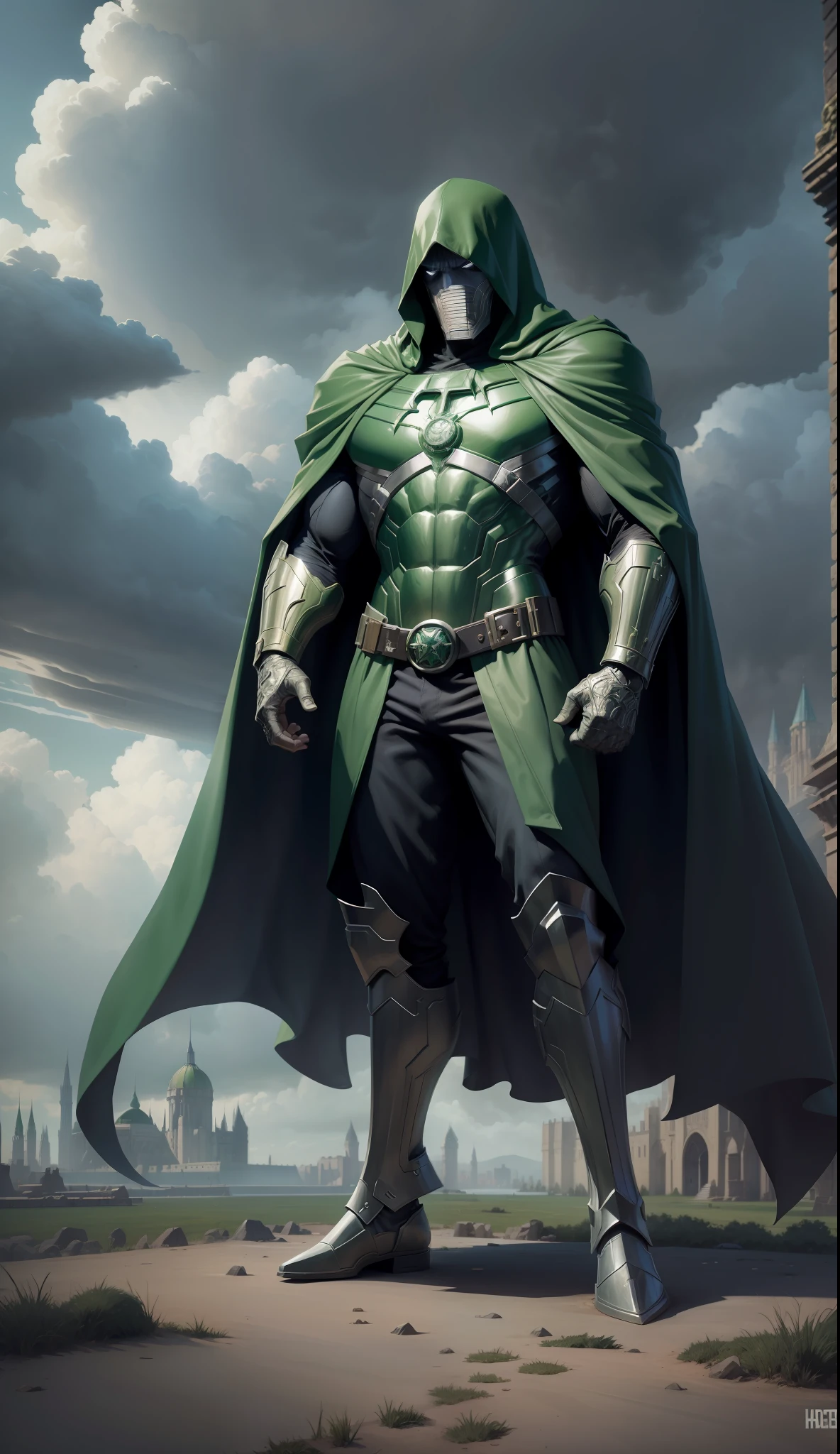 Extremely detailed and ultra-realistic depiction of Marvel's Doctor Doom, in his iconic armor with long green cape and hood along with his mask, standing firmly under a dark and ominous sky, with a magnificent palace in the far background, intricately designed with impeccable attention to detail. Very similar to the marvel comics, full body shot