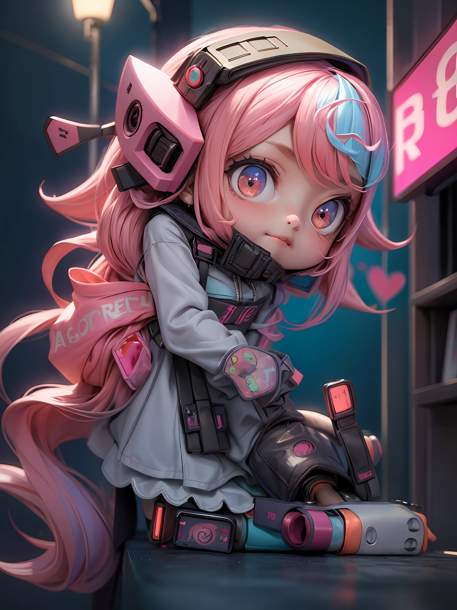 Masterpiece, top quality, official art, 8k wallpaper, RAWE extreme detail, illustration, 1 girl, cute, pink hair, cyberpunk, hd, street at night, sky blue coat, colorful colors,