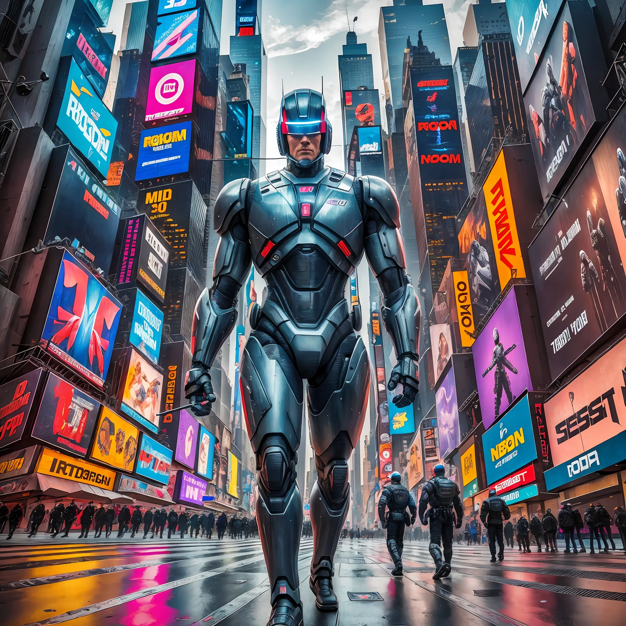 Robocop Times Square Walking New York City Square Daytime Cyberpunk Full Body Portrait Front Image Ultra HD 9:16 --auto --s2