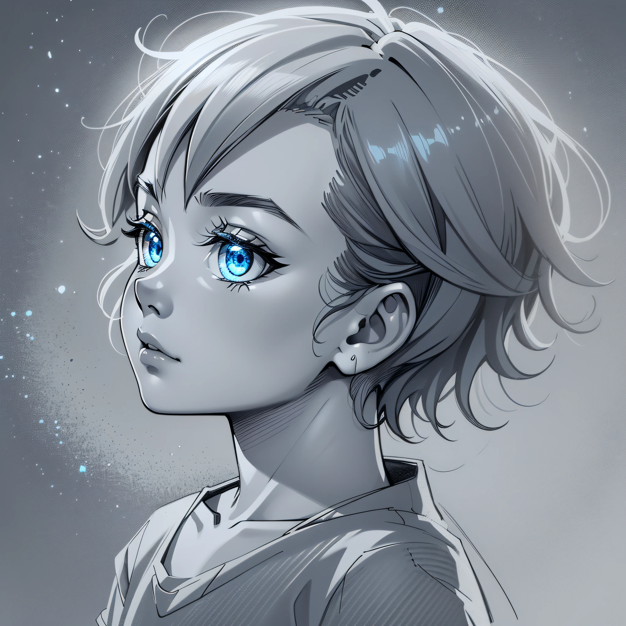 Best quality, ultra-detailed pencil sketch, greyscale, profile standing sideways pose, tired expression, cute/adorable, beautiful male child omnipotent entity, glowing blue eyes, short hair.