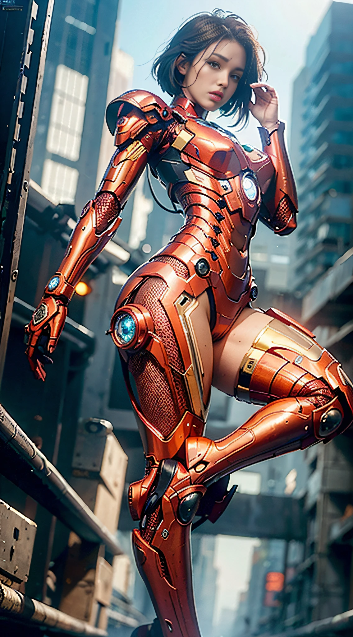 (1girl:1.3), solo,__body-parts__, official art, unity 8k wallpaper, ultra detailed, beautiful and aesthetic, beautiful, masterpiece, best quality, RAW, masterpiece, super fine photo,, best quality, super high Resolution, photorealistic, sunlight, full body portrait, stunningly beautiful,, dynamic pose, delicate face, vibrant eyes, (side view), she is wearing a futuristic Iron Man mech, red and gold, Highly detailed abandoned warehouse background, detailed face, detailed complex busy background, messy, gorgeous, milky, high detailed skin, realistic skin details, visible pores, sharp focus, volumetric fog, 8k uhd, dslr camera, High quality, film grain, fair skin, photorealism, lomography, sprawling metropolis in a futuristic dystopia, view from below, translucent