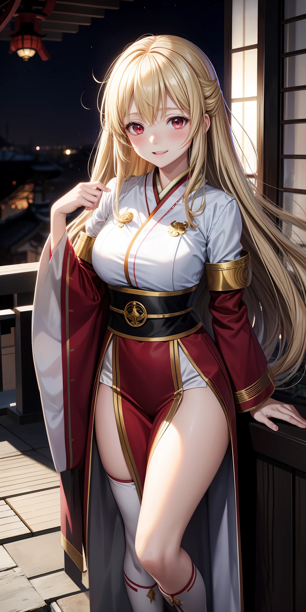 anime, girl 1 person, blonde, red eyes, priestess uniform, kamime usei, blush, japanese room, laughing,