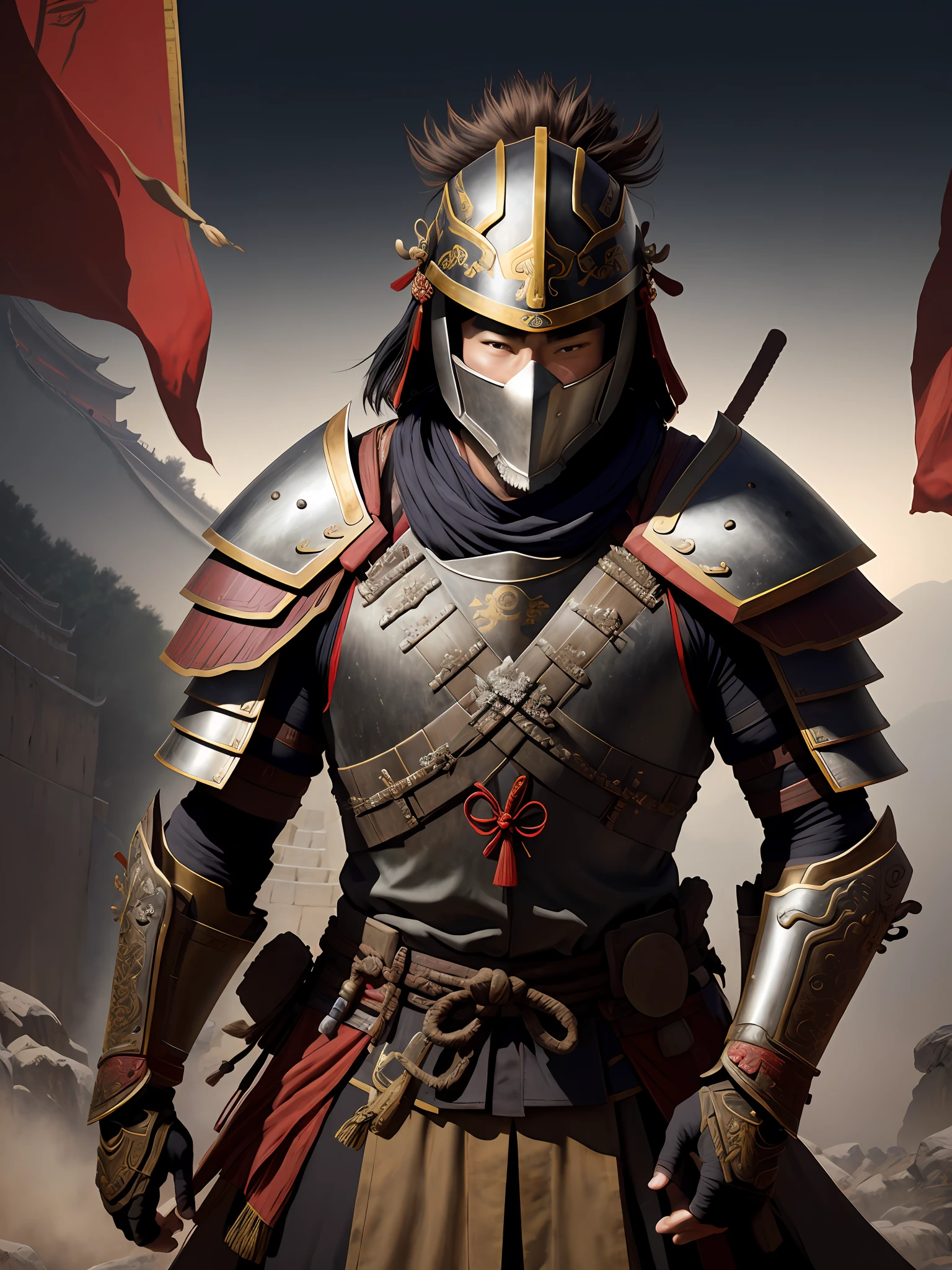 1 Warrior man in very ancient time on (wall of China), wearing samurai armor, (with helmet covering face), drop shadow, halftone, vanishing point, diffraction peaks, f/1.8, Nikon, high detail, UHD, masterpiece, best quality, highres, 16k