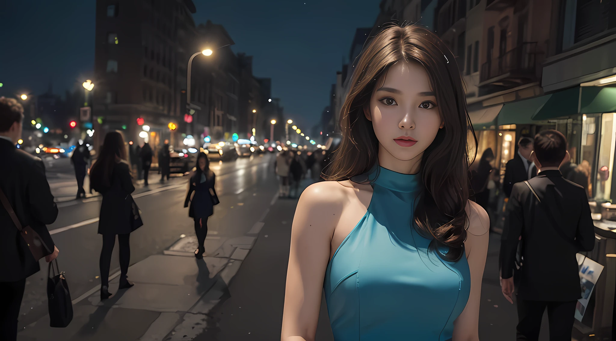 ((Realistic lighting, Best quality, 8K, Masterpiece: 1.3)), Focus: 1.2, 1girl, Perfect Body Beauty: 1.4, Slim Abs: 1.1, ((Dark Brown Hair)), (Aqua Dress: 1.4), (Outdoor, Night: 1.1), City Street, Super Fine Face, Fine Eyes, Double Eyelids,