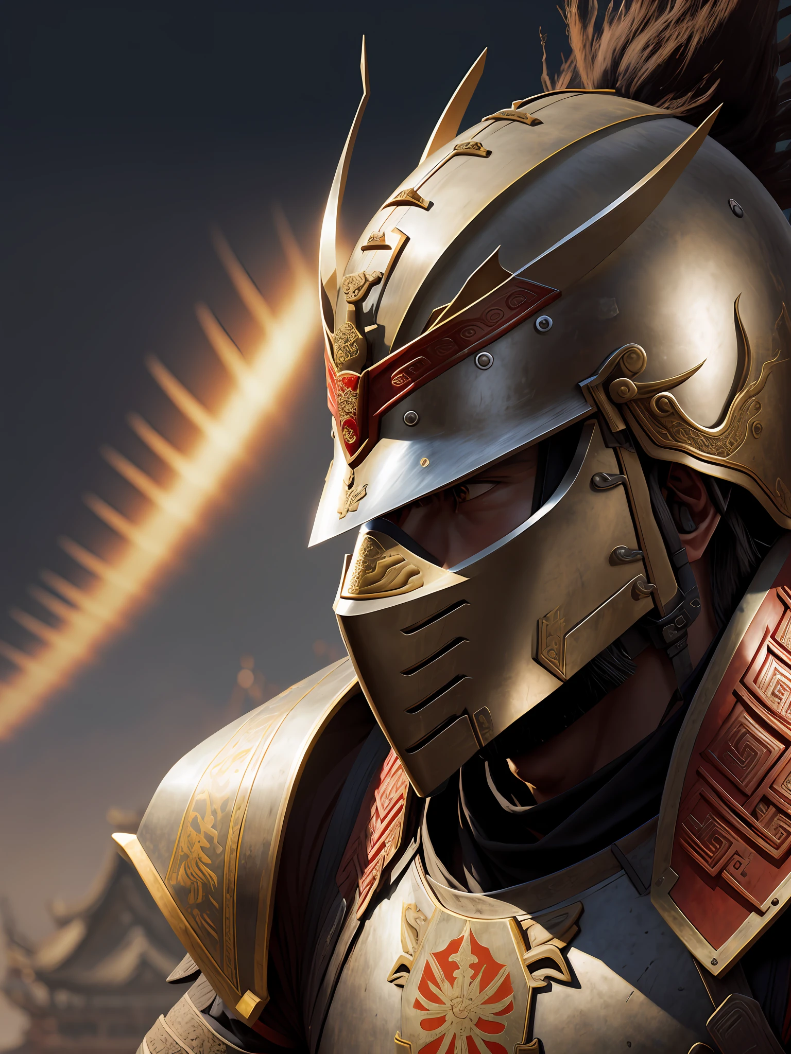 1 Warrior man in very ancient time on (wall of China), wearing samurai armor, (with helmet covering face), drop shadow, halftone, vanishing point, diffraction peaks, f/1.8, Nikon, high detail, UHD, masterpiece, best quality, highres, 16k
