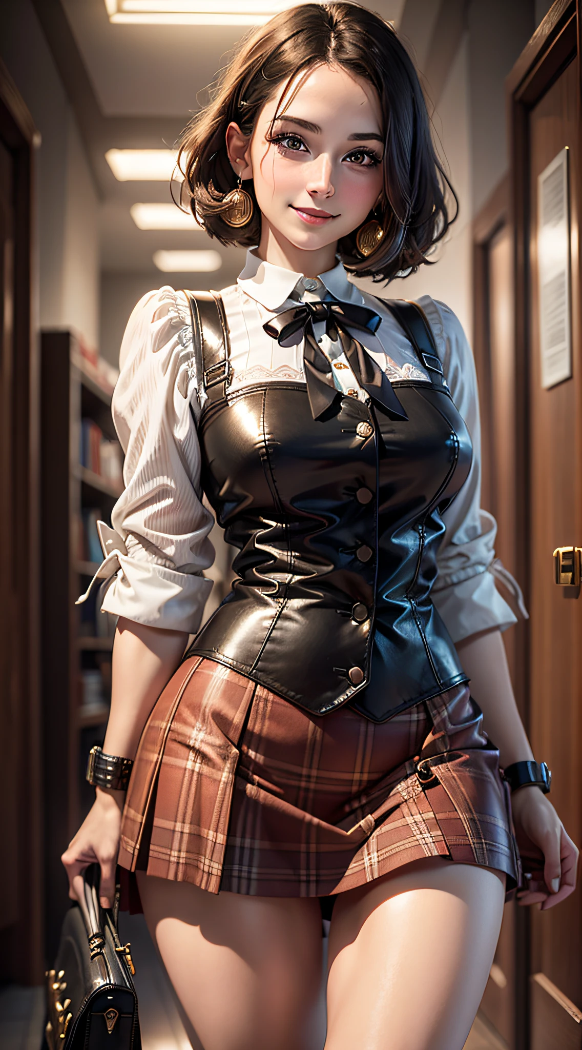 masterpiece, maximum quality, ultra high resolution, 8k, Ema Myers/Enid Sinclair, full body, alone, thin, very detailed face, perfectly identical face, detailed eyes, wide smile, cheerful, realistic photo, totally realistic, human pellet, studio lighting, perfect, wearing mini skirt and strap-on blouse