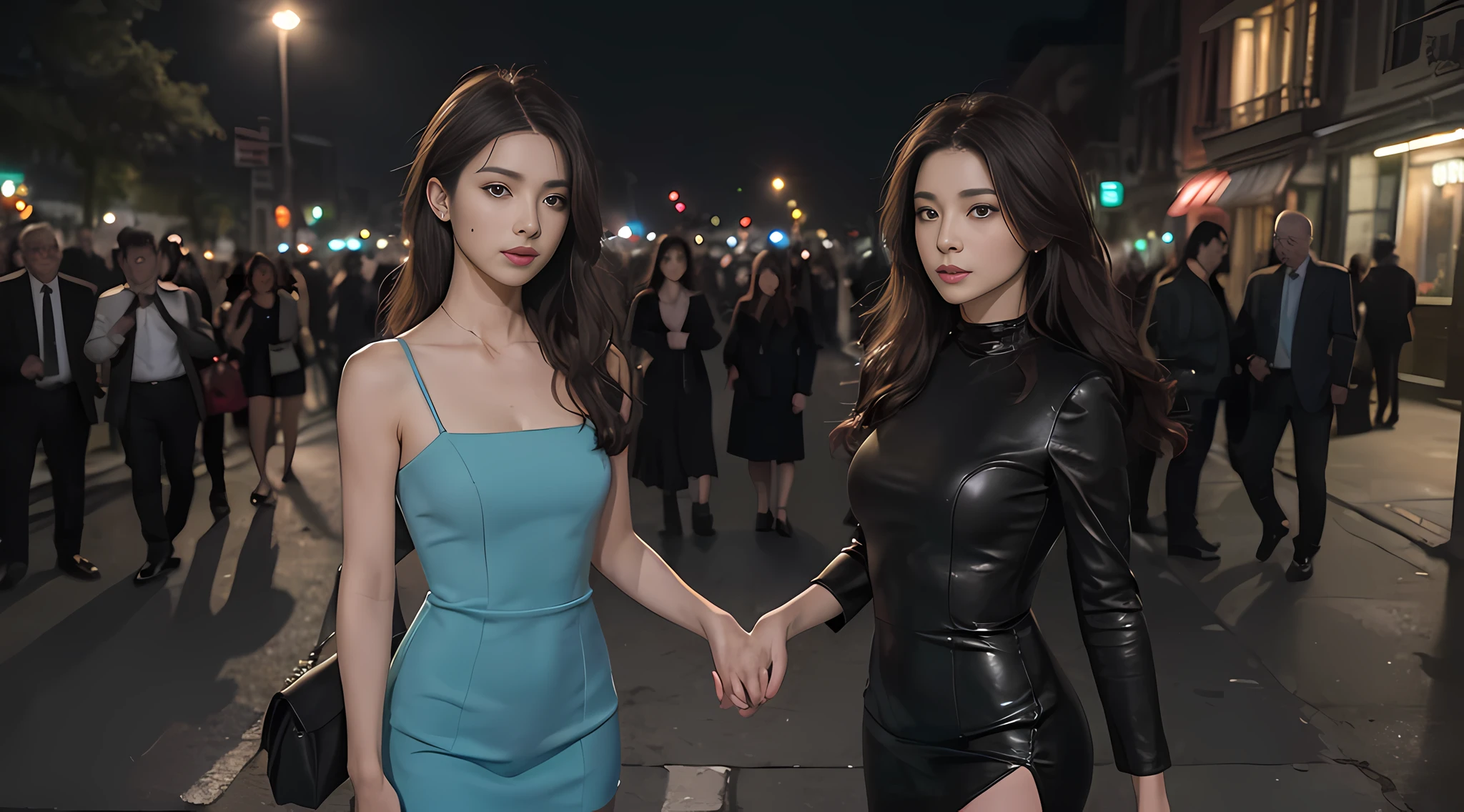 ((Realistic lighting, Best quality, 8K, Masterpiece: 1.3)), Focus: 1.2, 1girl, Perfect Body Beauty: 1.4, Slim Abs: 1.1, ((Dark Brown Hair)), (Aqua Dress: 1.4), (Outdoor, Night: 1.1), City Street, Super Fine Face, Fine Eyes, Double Eyelids,