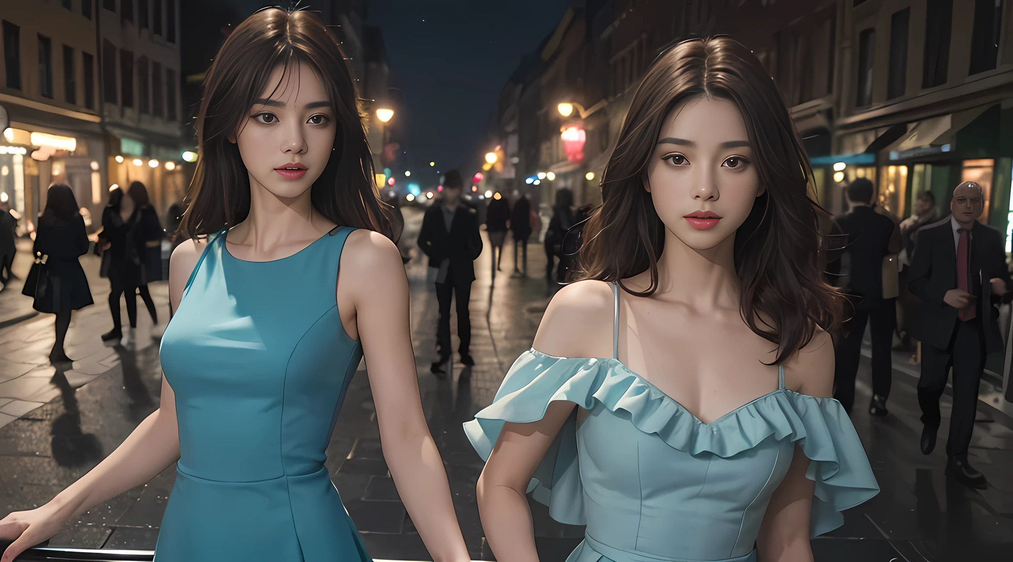 ((Realistic lighting, Best quality, 8K, Masterpiece: 1.3)), Focus: 1.2, 1girl, Perfect Body Beauty: 1.4, Slim Abs: 1.1, ((Dark Brown Hair)), (Aqua Dress: 1.4), (Outdoor, Night: 1.1), City Street, Super Fine Face, Fine Eyes, Double Eyelids,