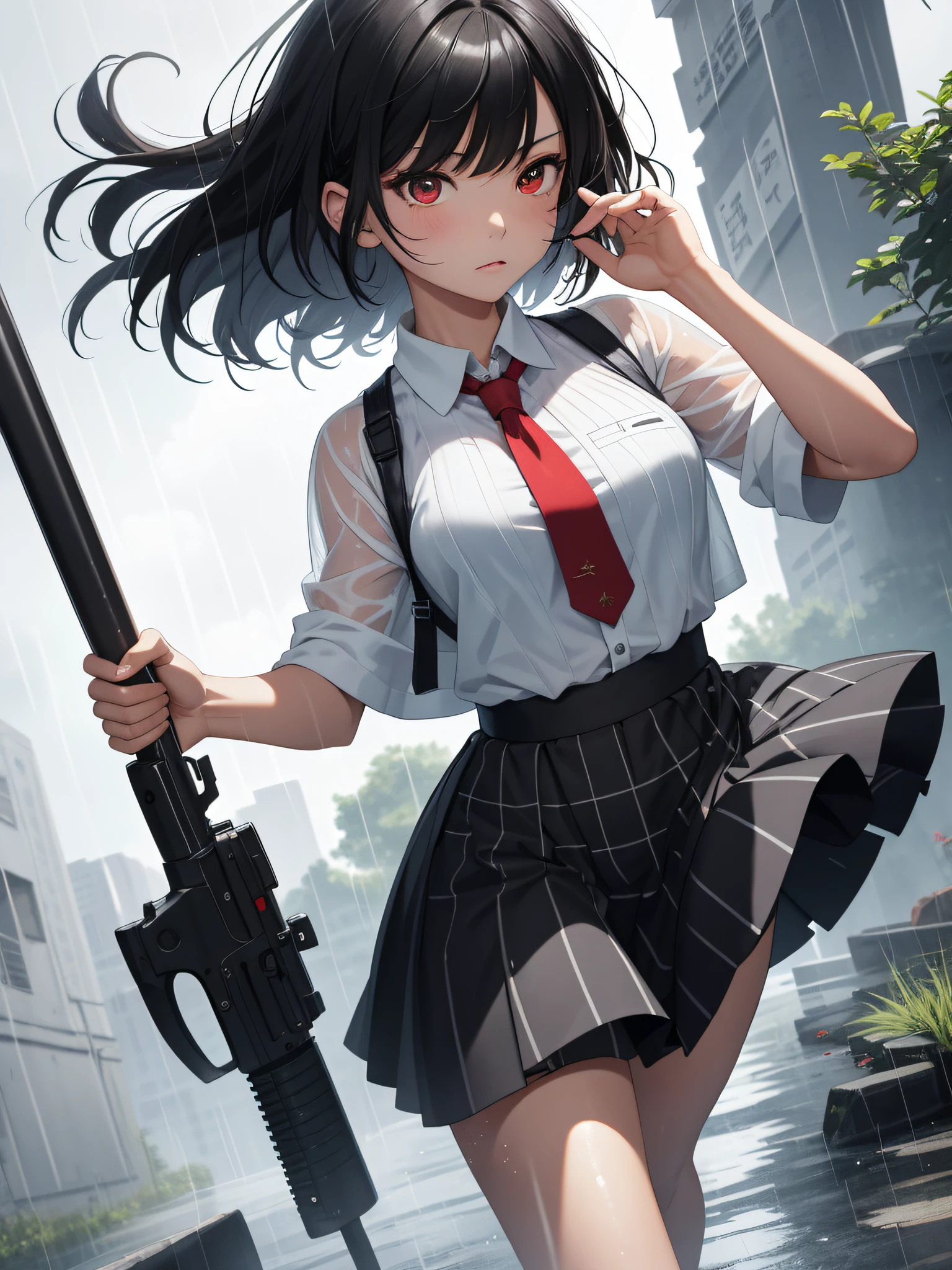 最高品質、傑作、(in the rain), 20-year-old woman, beautiful woman, beautiful wet black hair, bob cut, beautiful red eyes, portrait close-up, wet white shirt, tie, checkered mini skirt, black socks, black shoes, weapon have a gun, fight with a weapon, panchira,