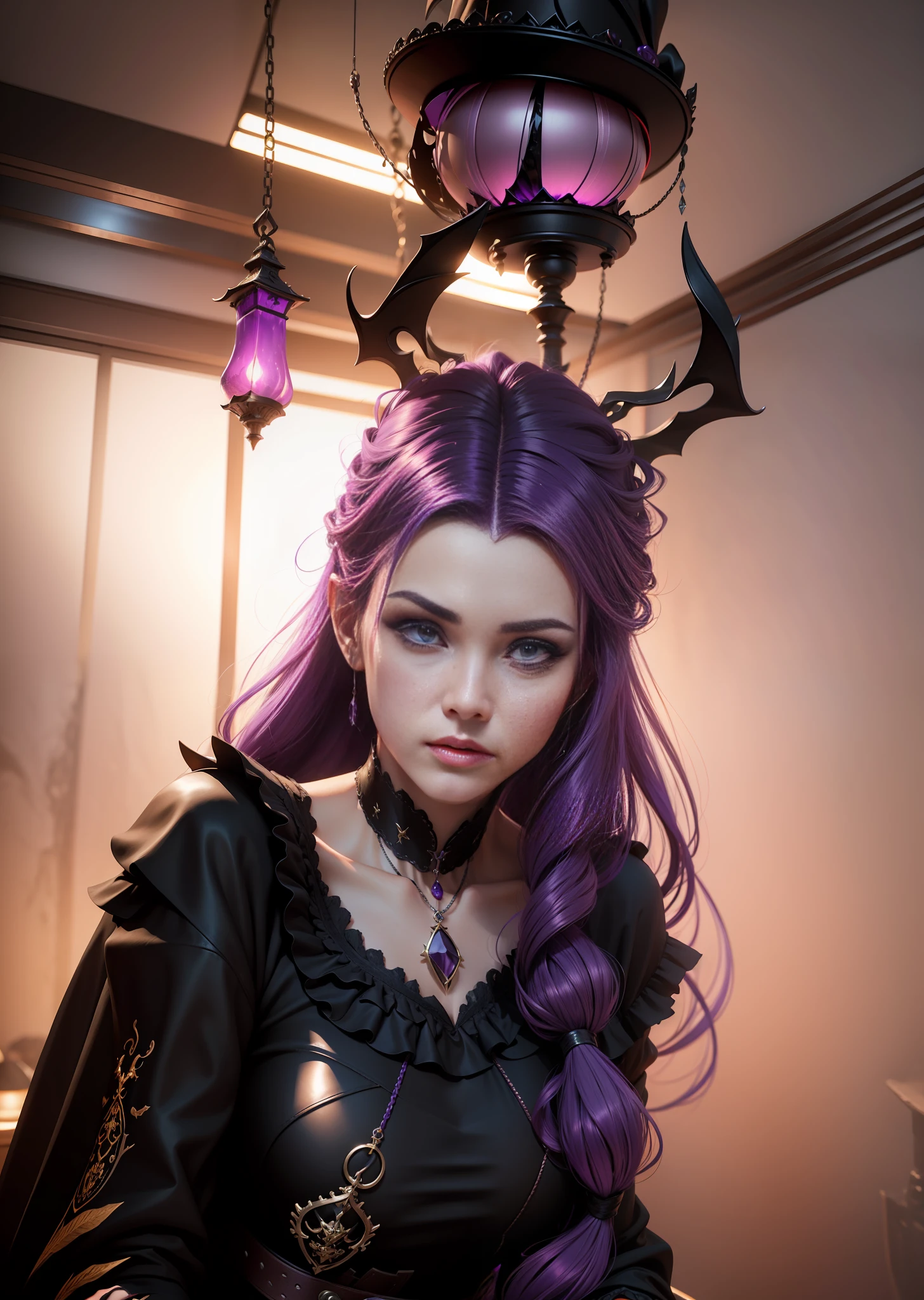 3D, 8k, witch, dark color, purple hair, medium,