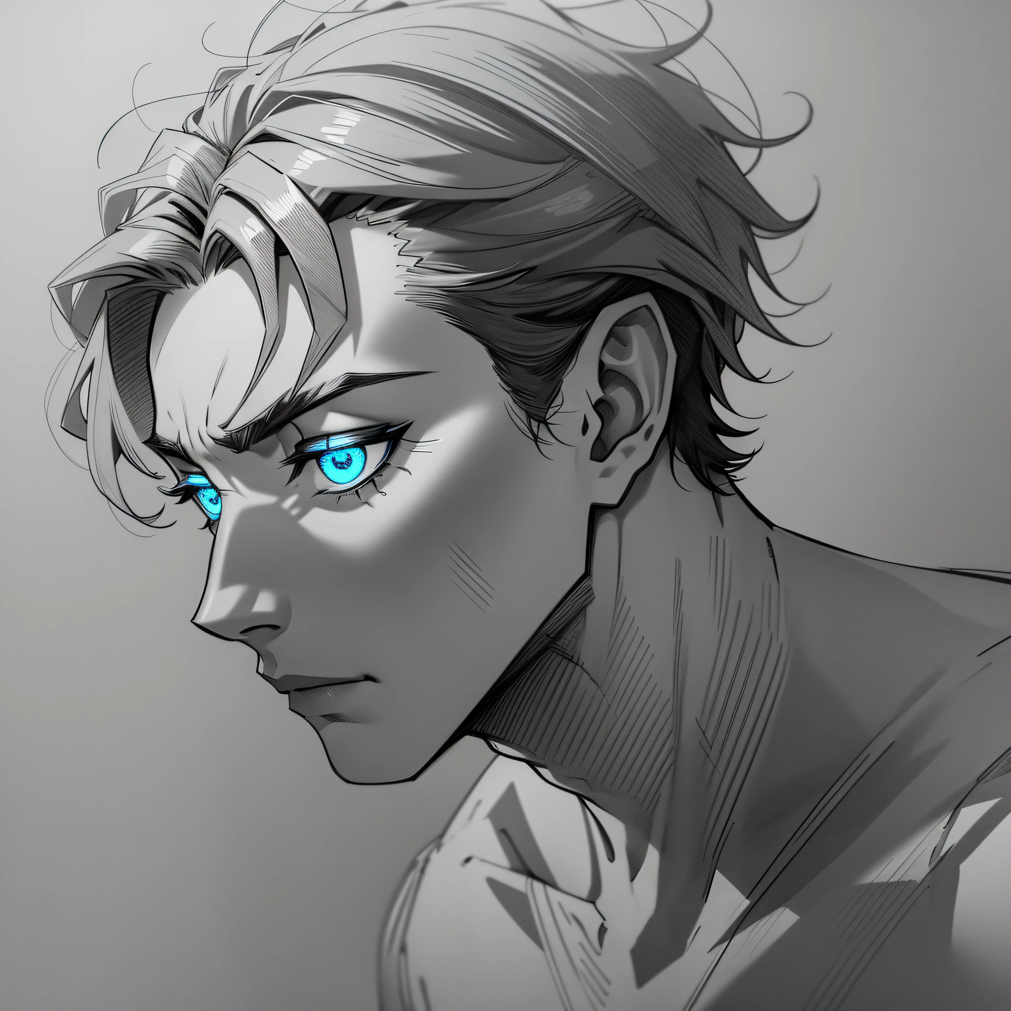 greyscale pencil sketch of a tired man beautiful short hair male omnipotent entity, glowing blue eyes, profile standing sideways pose