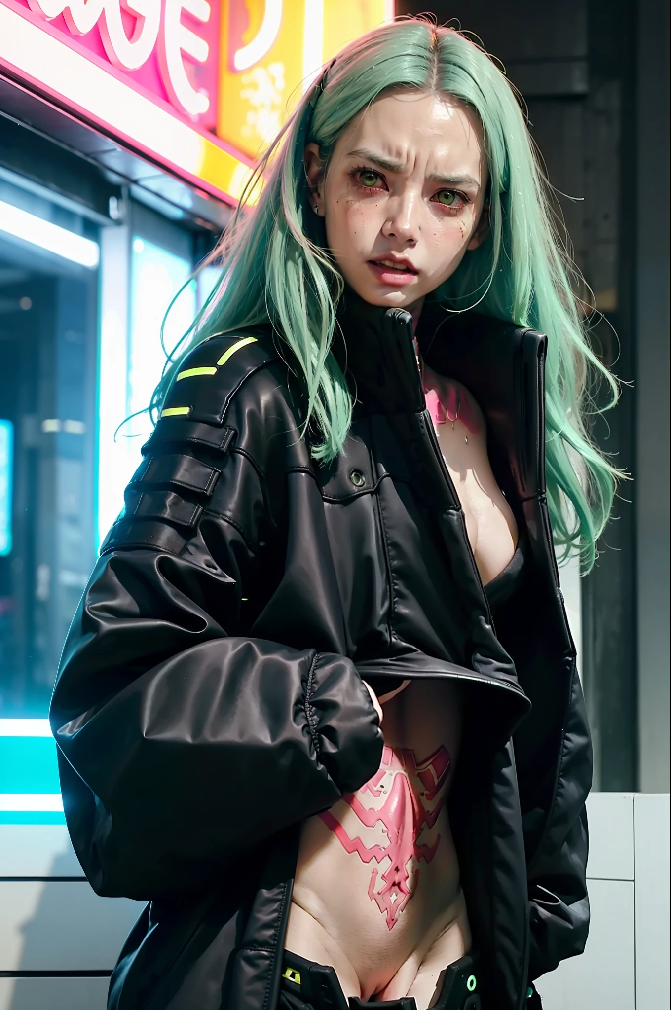 (cinematic, 8k, best quality, masterpiece: 1.2), (realistic, photo-realistic: 1.37), ultra-detailed, soft light, best quality, ultra highres, raw photo in HDR, sharp focus, intricate texture, skin imperfections, 1 girl, cute, solo, raw photo, Rebecca a robotic girl with green hair, pink tattoo on neck and belly, crazy face with rage, wearing a black jacket with yellow details, 19yo, camel fingers, slim body, warm body, shiny skin, realistic textures, reflected lighting, volumetric lighting. Background a cyberpunk city at night, neon lighting.