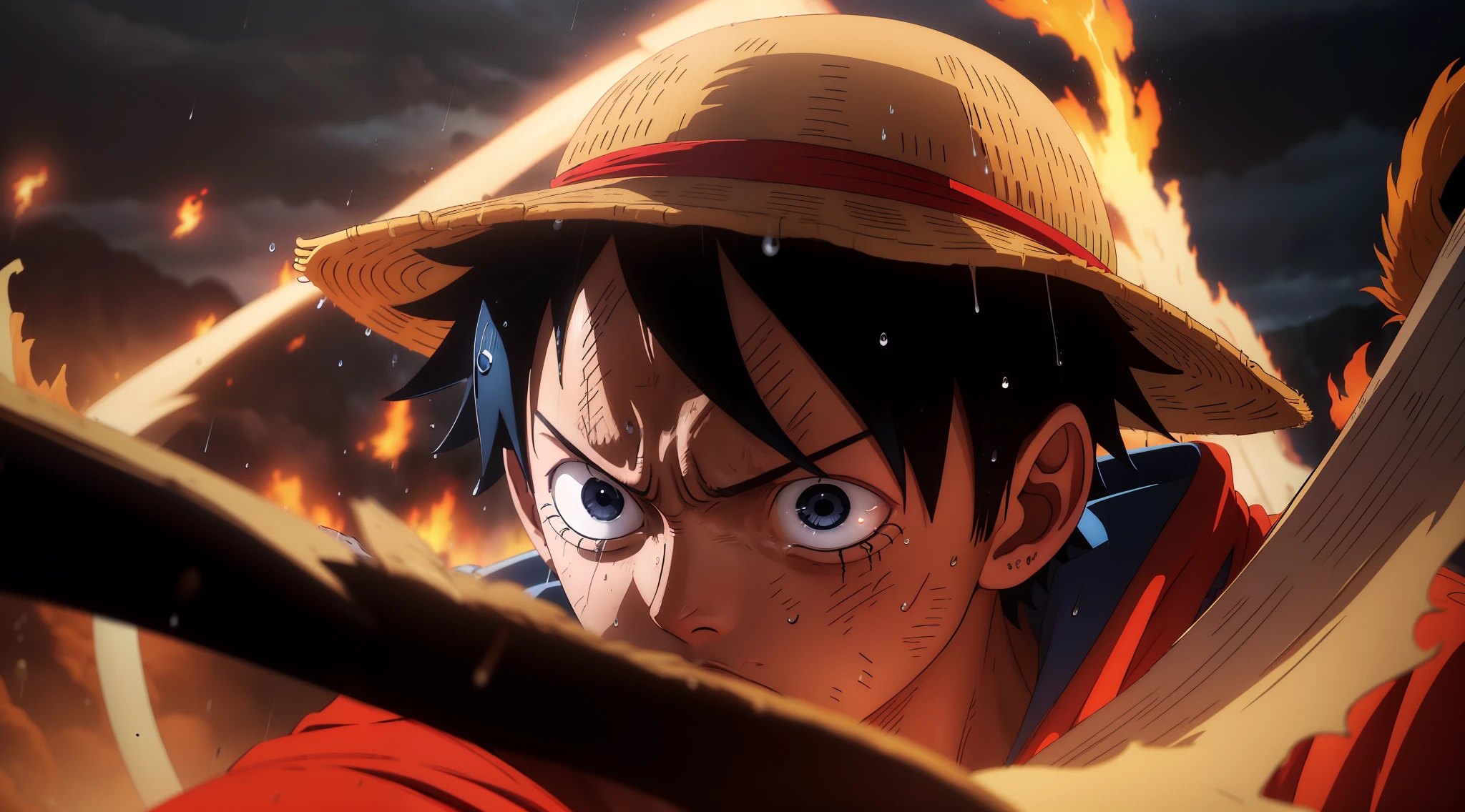 8k, no watermark, six characters (Ace, Luffy, Naruto, Jiraya) richly detailed, incredibly immersive and atmospheric environment, sad, mournful and nostalgic tone, rain, crying, bluish and flaming environment, blue sky, bluish background, rain, thunder, foggy environment, all blue, blue, blue, blue, blue, bluish tone.