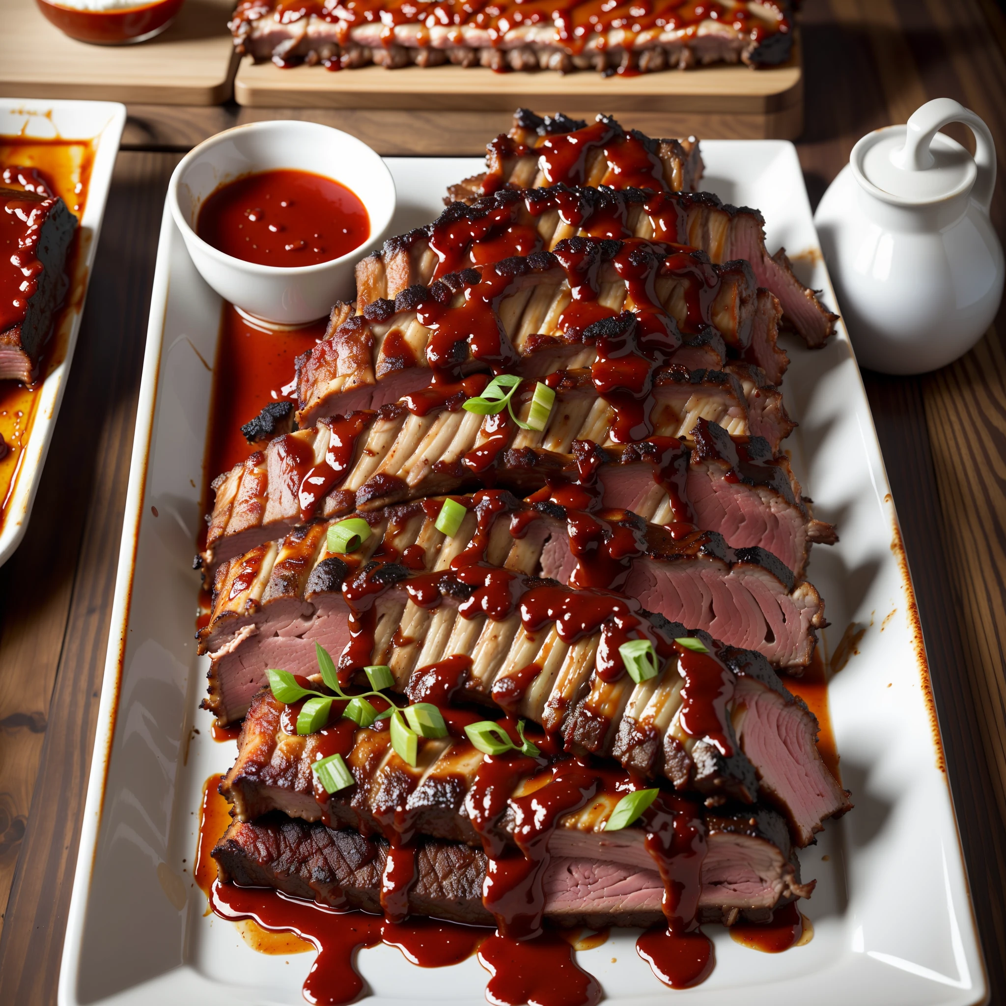 there is a large piece of meat on a plate with sauce, serving rack of ribs, ribs, dripping bbq sauce, by Joe Bowler, sauce, smoky, beef, by Matt Cavotta, glazed, meaty, illinois, by Matt Stewart, by Drew Tucker, pork, smoked layered, by Dan Christensen, steak, by Daniel Schultz, ready to eat