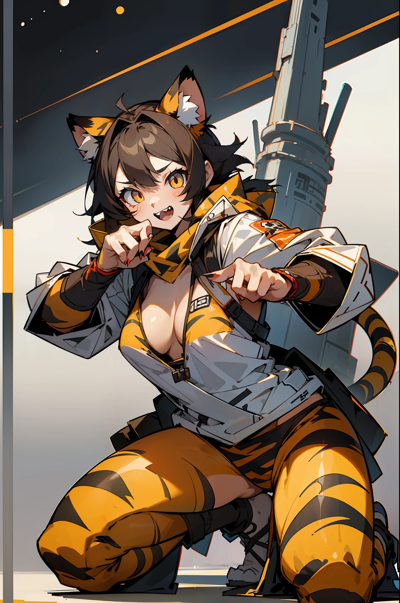 master-piece,hyper quality, hyper detailed,perfect drawing,1 beautiful girl, tiger print bikini, tiger ears, tiger tail, tiger palm, tiger paws, tiger fingers, sharp claws, sharp fangs, hunter's eyes aiming at prey, black hair and blonde mesh, sharp eyes, height 177cm, three sizes B95W60H90, kneeling, pow pause, Space Opera,