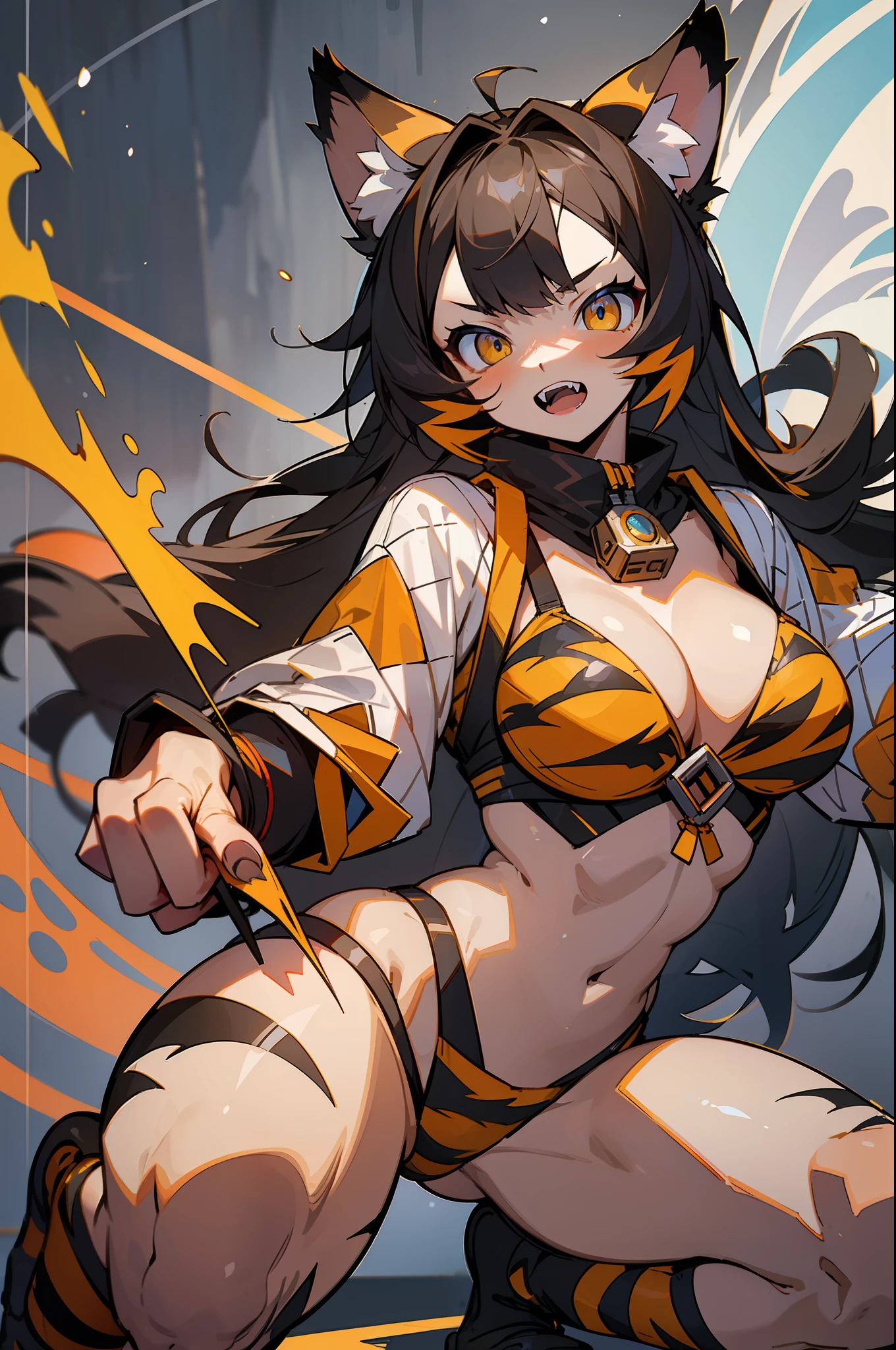 master-piece,hyper quality, hyper detailed,perfect drawing,1 beautiful girl, tiger print bikini, tiger ears, tiger tail, tiger palm, tiger paws, tiger fingers, sharp claws, sharp fangs, hunter's eyes aiming at prey, black hair and blonde mesh, sharp eyes, height 177cm, three sizes B95W60H90, kneeling, pow pause, Space Opera,