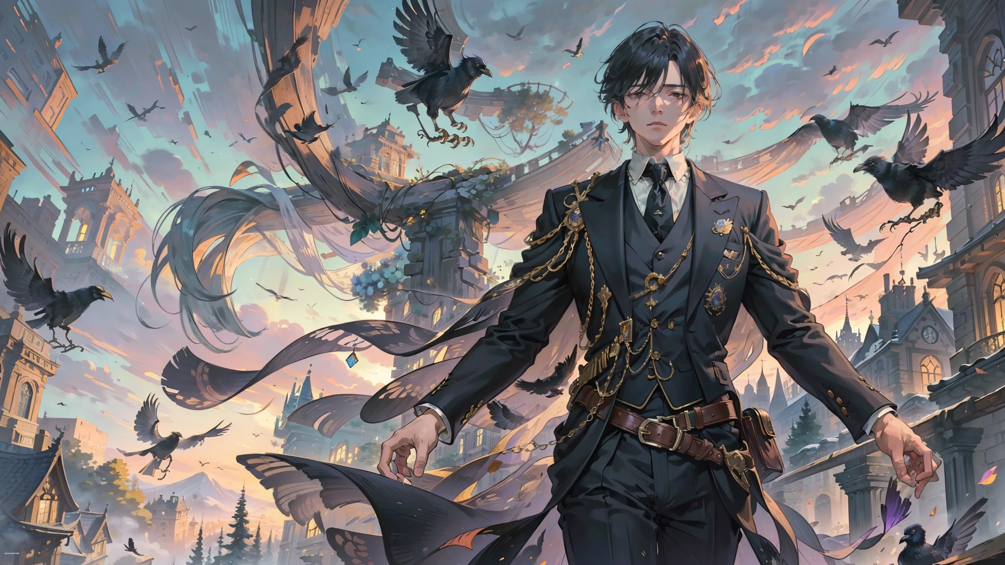 Young man, man, male, super detailed, very detailed, best quality, masterpiece, illustration, an extremely delicate beautiful, very detailed, CG, unity, 8K wallpaper, amazing, fine detail, masterpiece, best quality, official art, extremely detailed CGUnity8K wallpaper, boy, crow, gentleman, physically based rendering