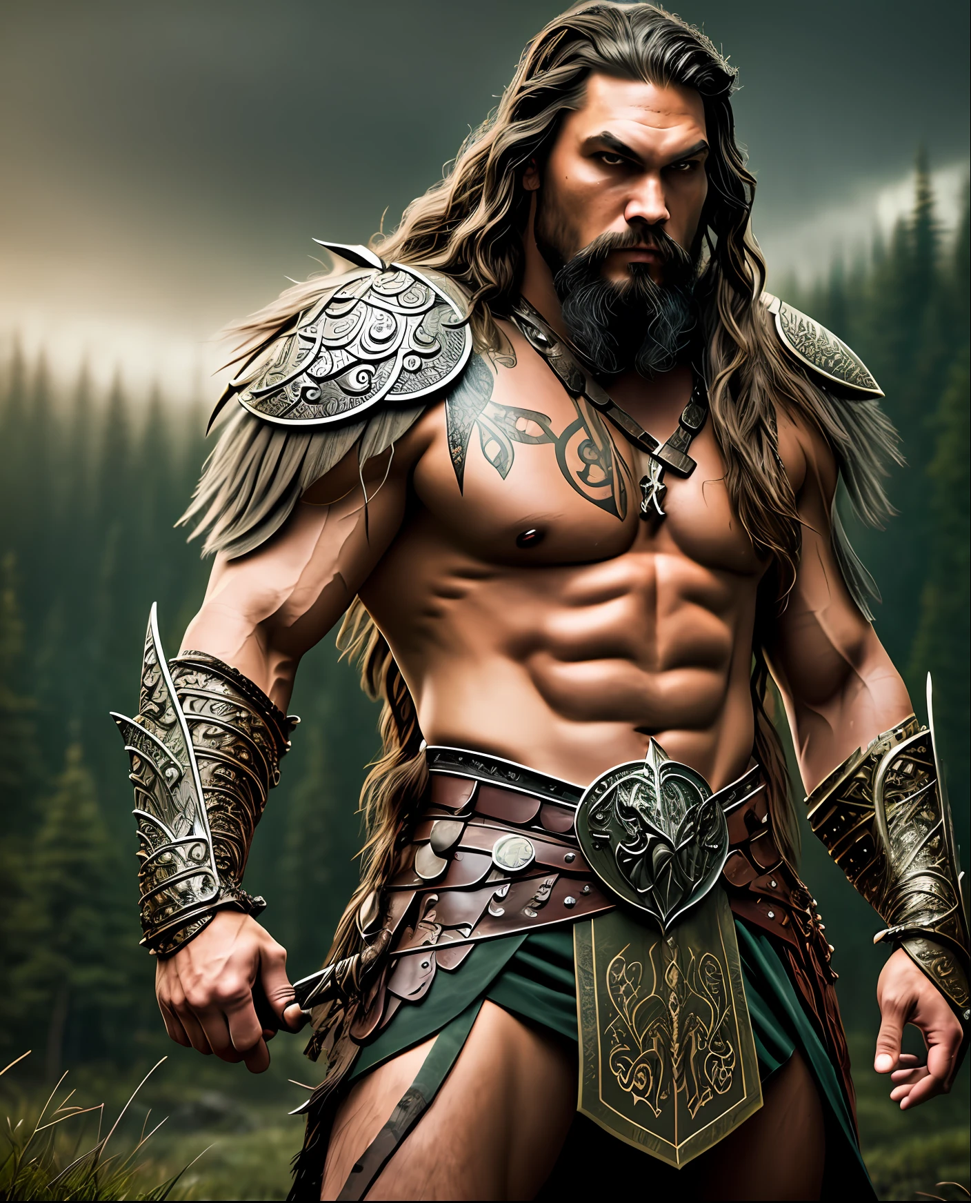 Jason Momoa, a fearless Viking warrior and leader, hyper detailed and ornate leather armor, full body, in artstation forest art, hazy background, realistic epic, rutkowski, hdr, intricate details, hyperdetailed, cinematic, rim light, muted colors: 1.2, dark fantasy, dark and reddish sky, with dark mountains in the background, dark and dangerous atmosphere --auto --s2