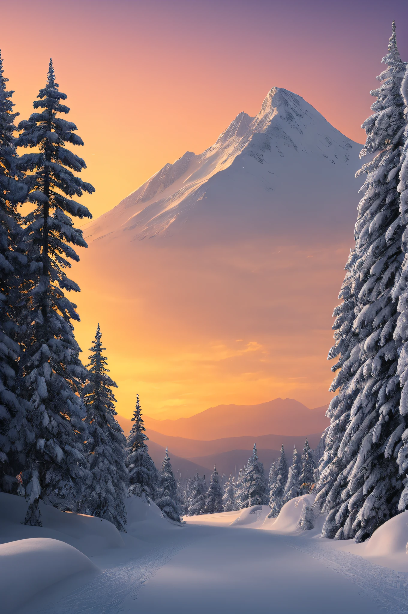 a snowy mountain with surreal landscape, with snowy pines and a golden sunset, depth of field, soft lighting, masterpiece, best quality, intricate, tone mapped, highly detailed, artstation, concept art, smooth, sharp focus, dramatic lighting, highly detailed art, cinematic, hyper realistic painting, trend in Artstation, 8K, incredible shadows, realistic, (highly detailed background: 1.0),