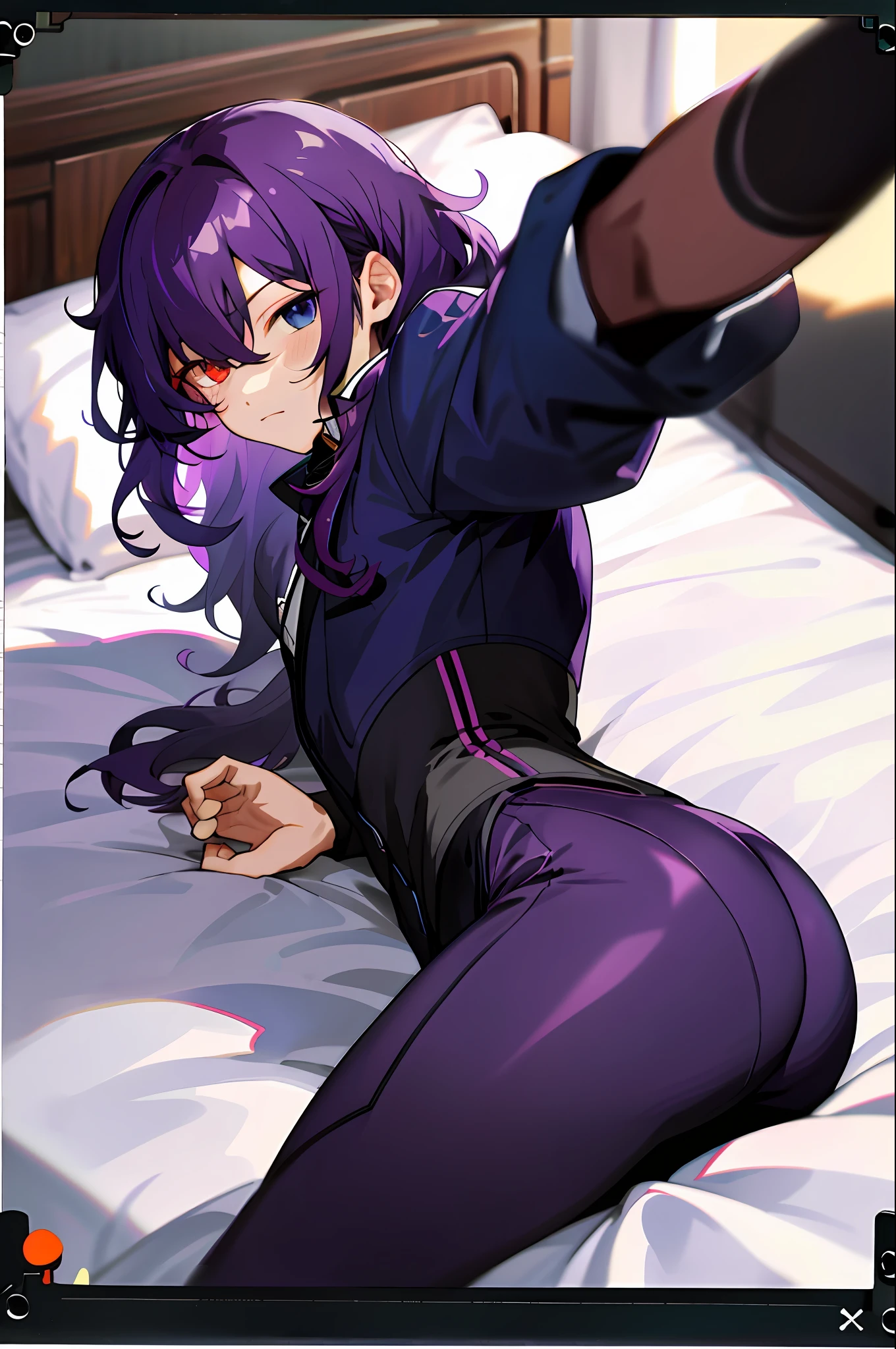 yong boy, ass, bed, polaroid, spread legs, wavy dark purple hair, heterochromic eyes