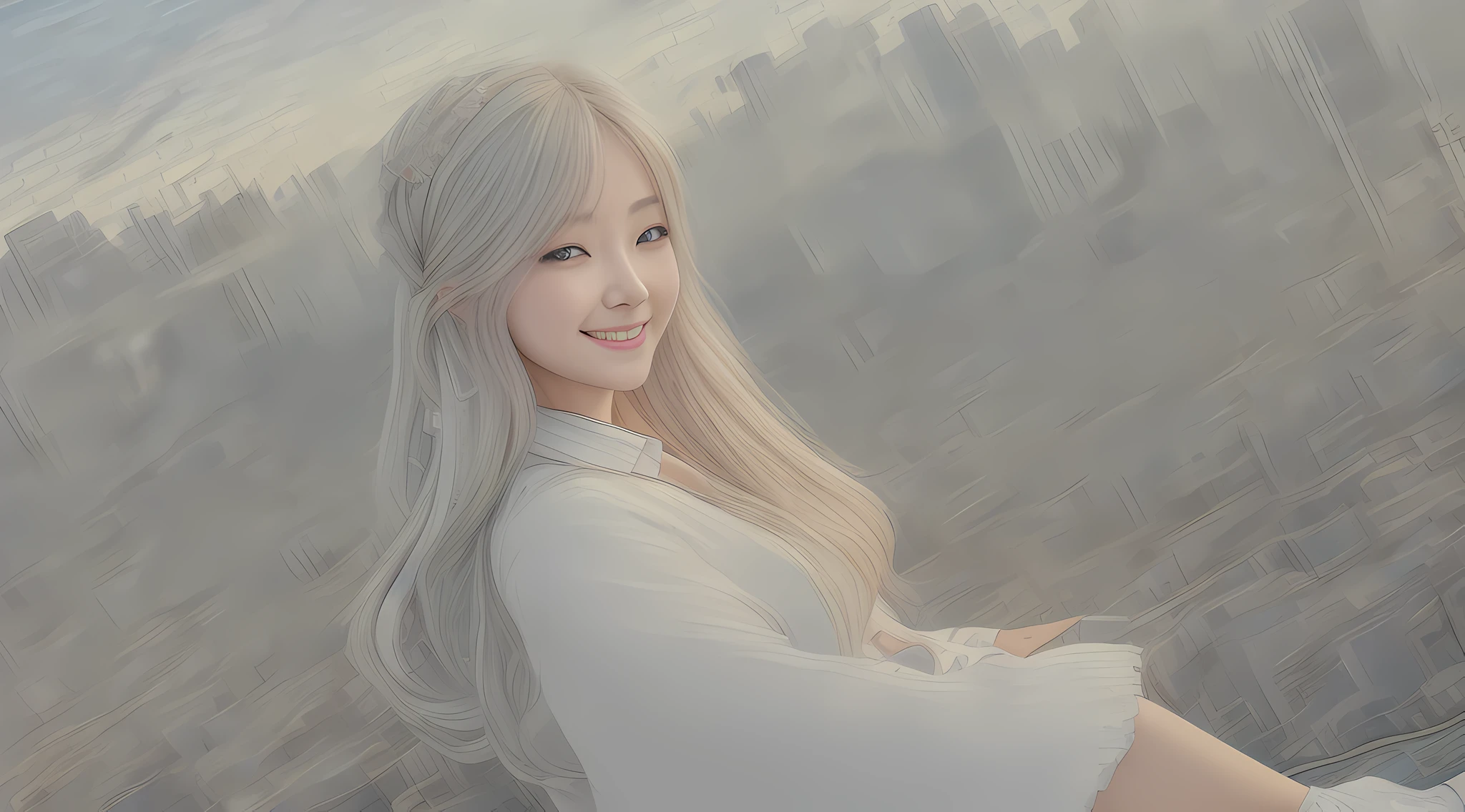 official art, masterpiece, sharp focus, (beautiful gorgeous cute Korean woman:1.3), (beautiful cute korean:1.3), korean beauty, Delicate and beautiful hair and eyes and face, realistic, ultra detailed, beautiful girl, blue sky, glow white particle, (sidelighting:1.2), sun light, white cloud, detailed clouds, slender, Lovely very large breasts and very large hips, smile with teeth, ((smile with eyes, open both eyes)), scenery, long straight hair, sexy facial expression, building, (cityscape:1.7), dynamic hair, long straight hair, detailed platinum pink hair, glow blue eyes, (blue pleated shirts + white skirt), white long socks, pale skin, hair ornament, epic scenery,
