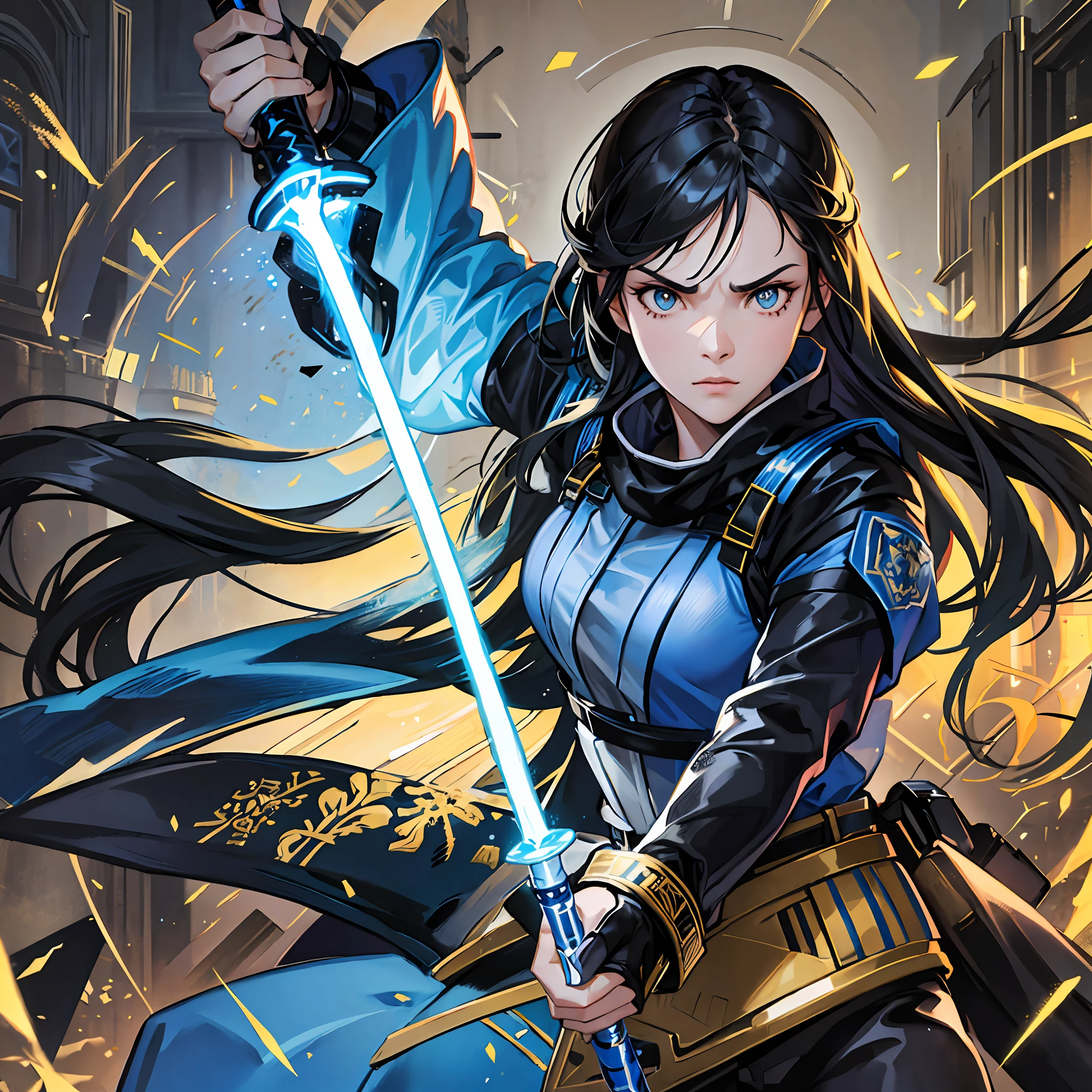 Blue lightsaber, 1girl, long hair, serious face, combat attire, black hair, bright golden eyes --auto --s2