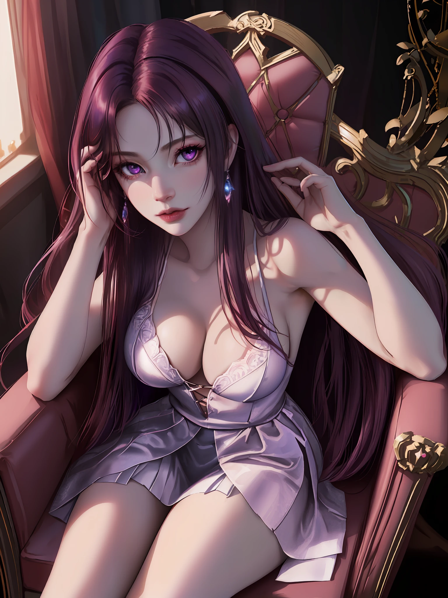 Close-up of a woman in a red dress, long hair, beautiful seductive anime woman, a beautiful fantasy queen, inspired by Du Joan, seductive tifa lockhart full body portrait, (((beautiful fantasy queen)), seductive anime girl, beautiful anime woman, charming tifa lock heart, beautiful avatar picture, white underlinen, lady in pink armor, tifa, (lingerie: 1.2), photo realistic, upon_body, tyndall effect, realistic, dark studio, edge lighting, Two-tone lighting, (High detail skin: 1.2), 8k UHD, DSLR, soft lighting, high quality, volumetric lighting, frank, Photo, High resolution, 4K, 8K, Bokeh, Breast Exterior, (Nudity: 0.9), (Purple eye color), (Clear armor: 1.0), sitting in a chair,