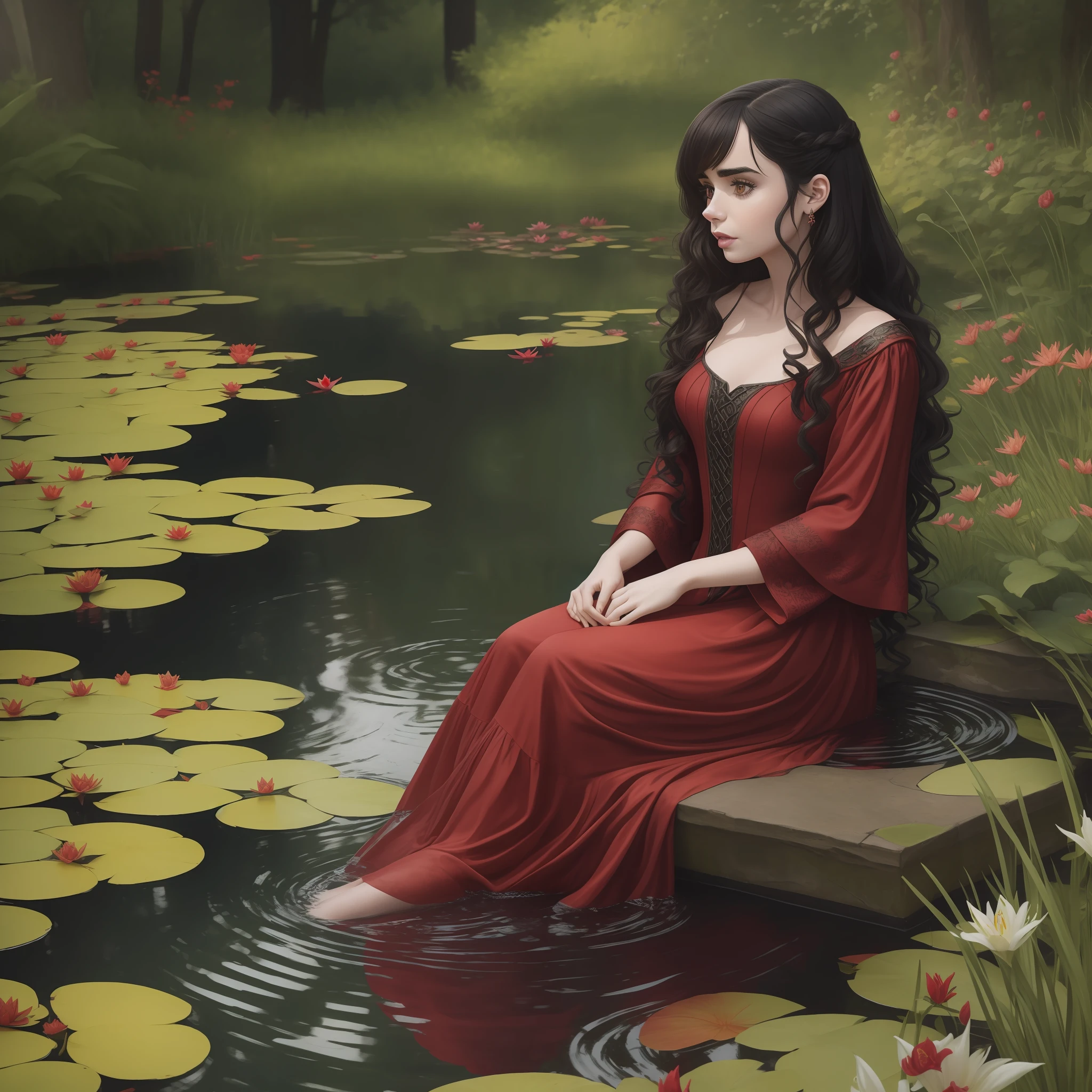 Lily Collins with black curly hair, wearing a detailed medieval red dress sitting on the edge of a pond in a garden with her feet in the water.