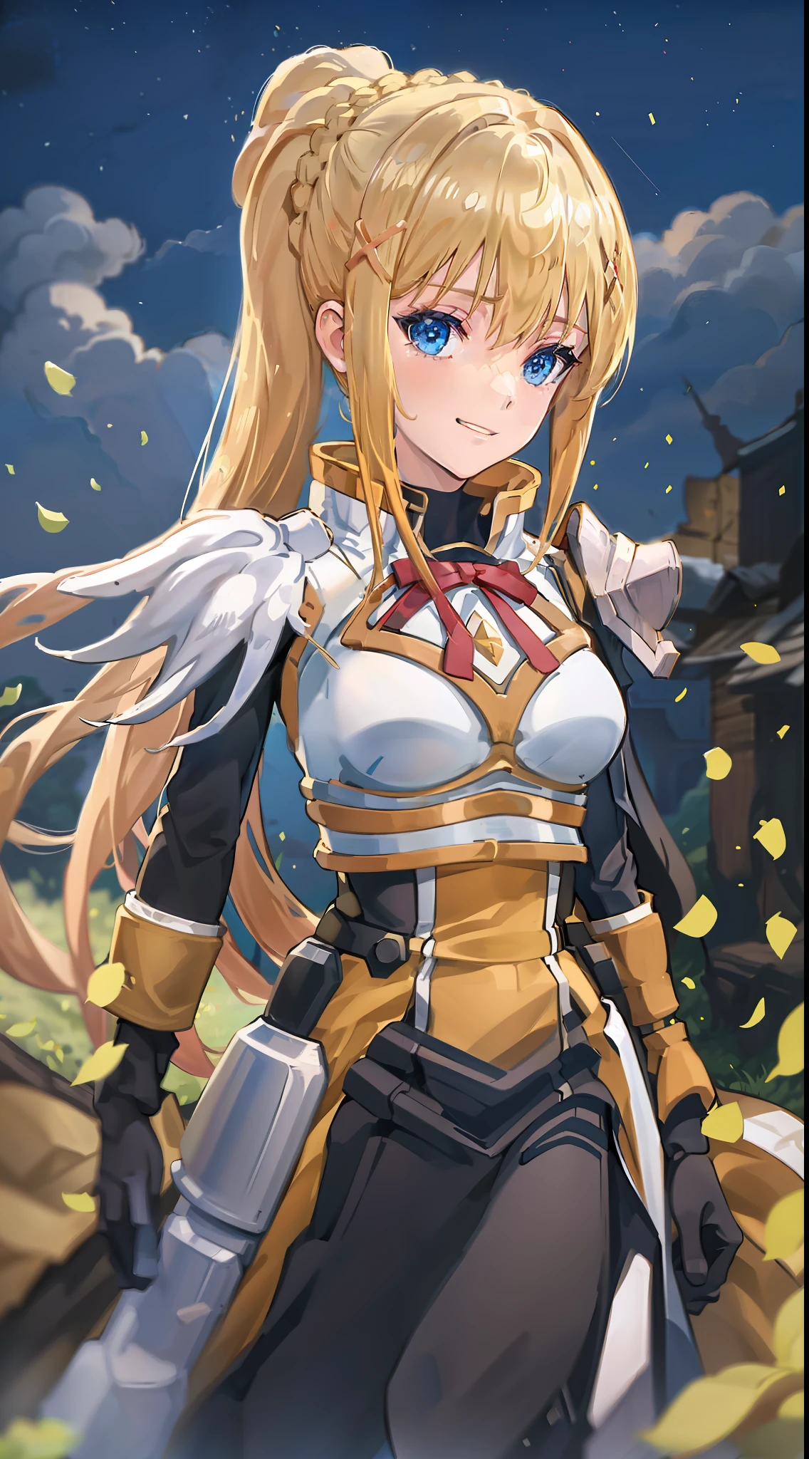 Best Quality, High Resolution, 1girl, Long Hair, Blonde Hair, X Hair Ornament, Armor, Blue Eyes, Ponytail, Hair Ornament, Gloves, Shoulder Armor, Braid, Black Gloves, Pauldron, White Boots, Darkness (konosuba),Meadow, Outdoors, Smile,upper body