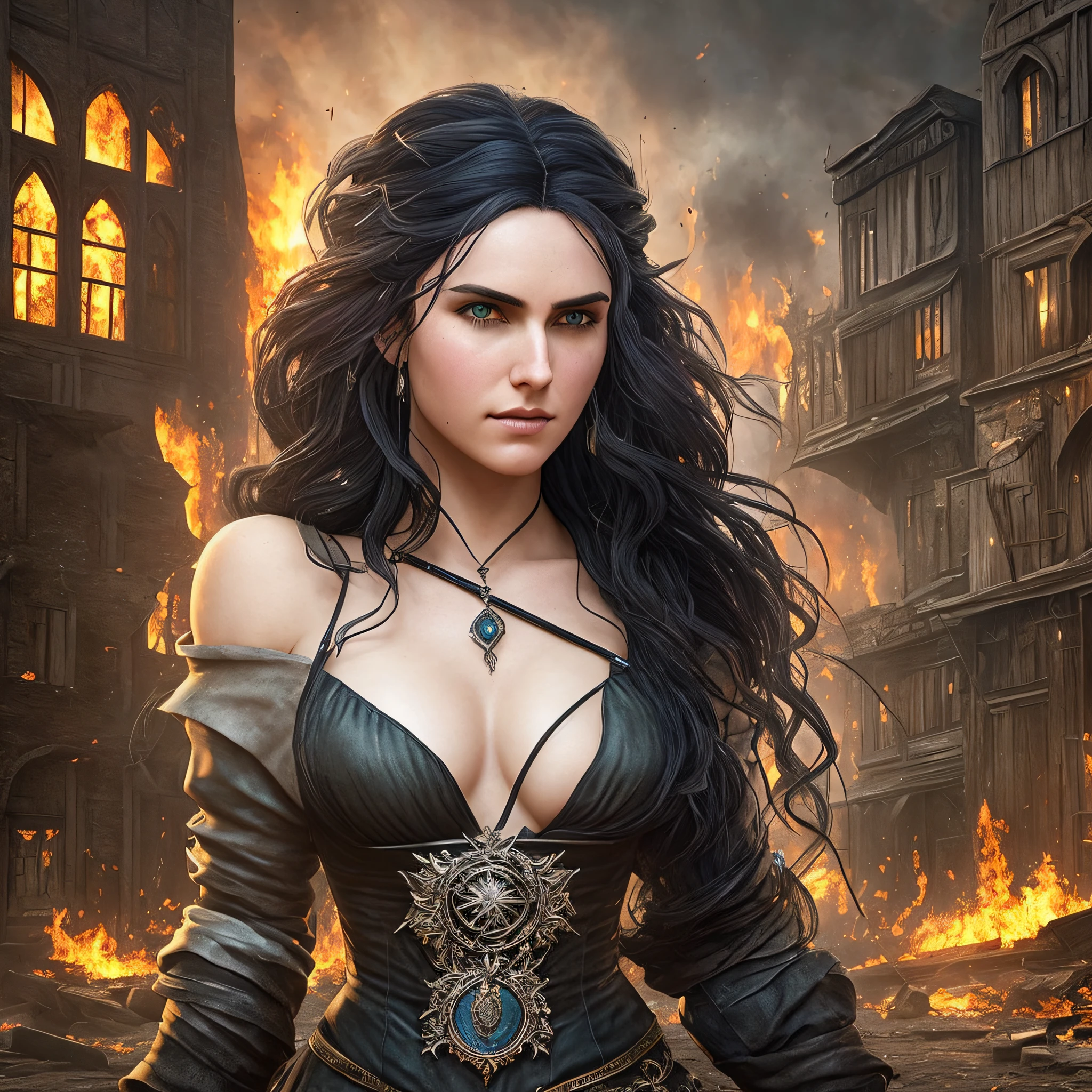 a detailed image of Vengerberg's character Yennefer, played by actress Anya Chalotra, with a piercing and intense gaze. Her black hair in the wind, dancing with the magical energy that surrounds her. Wearing Yennefer's iconic and original outfit, every detail is meticulously depicted. The image depicts Yennefer full-length in a background of a medieval city fleeing in flames, symbolizing the chaos and destruction that surrounds her --auto --s2