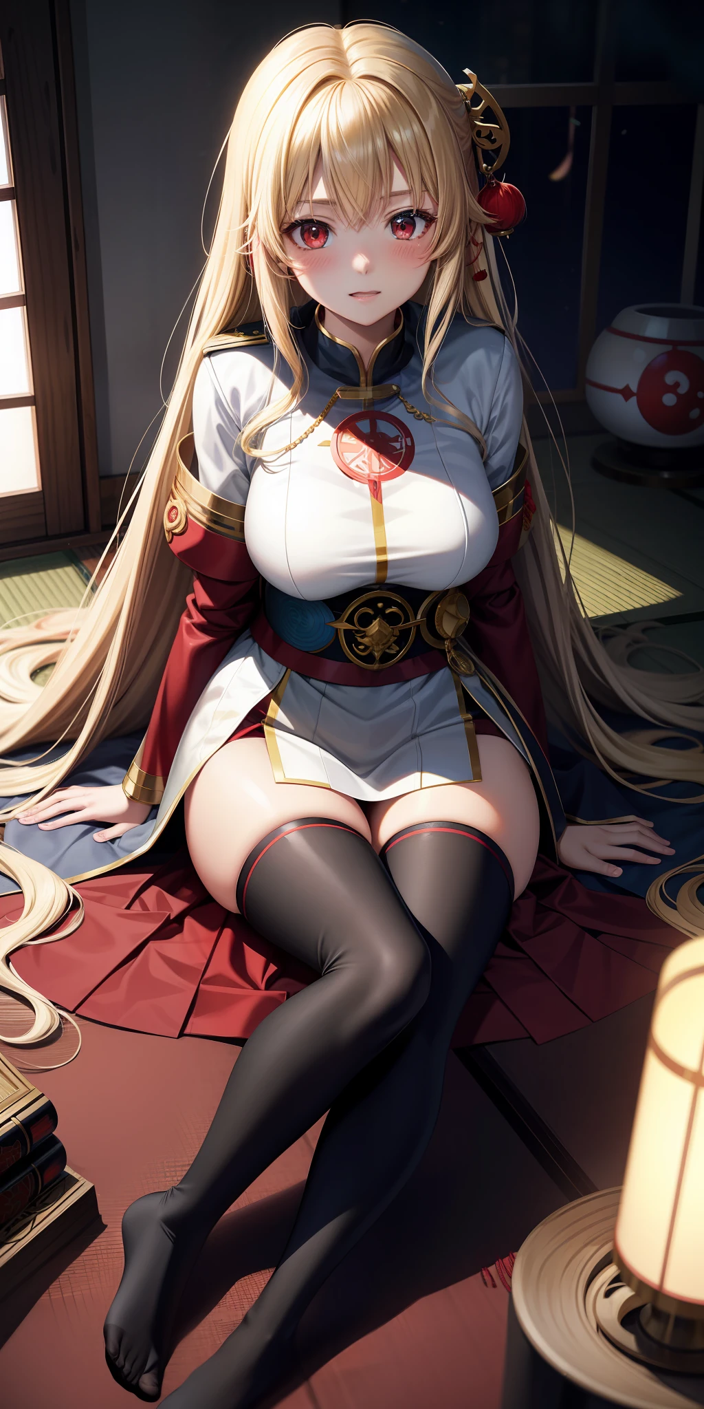 anime, single girl, blonde, red eyes, priestess uniform, kamimeki, blush, japanese room, gravure