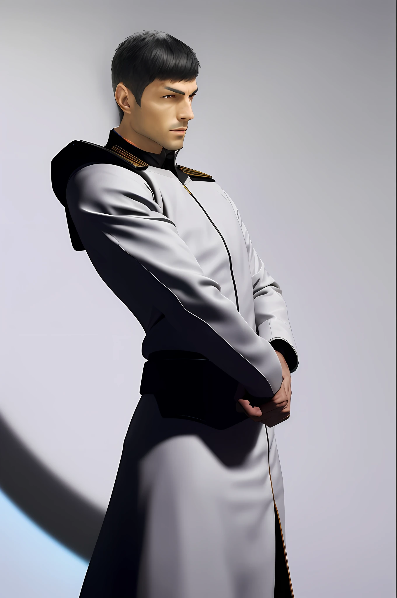Alafed man in white uniform standing with hands in pockets, futuristic spaceship crew, full starfleet uniform, Maxwell rendering, dystopian sci-fi character, high resolution rendering, sci-fi character, sci-fi character rendering, male character, stylized portrait formal pose, white futuristic armor inspired by hangang